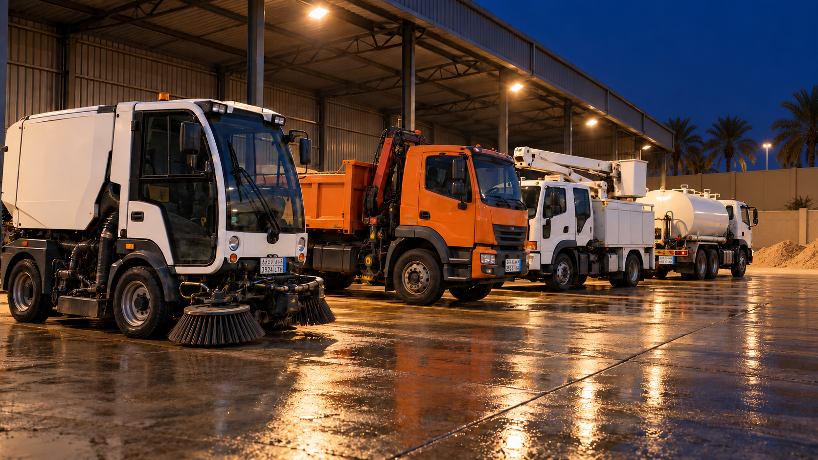 Editorial image: a depot yard at night with specialist vehicles. No text in the artwork.