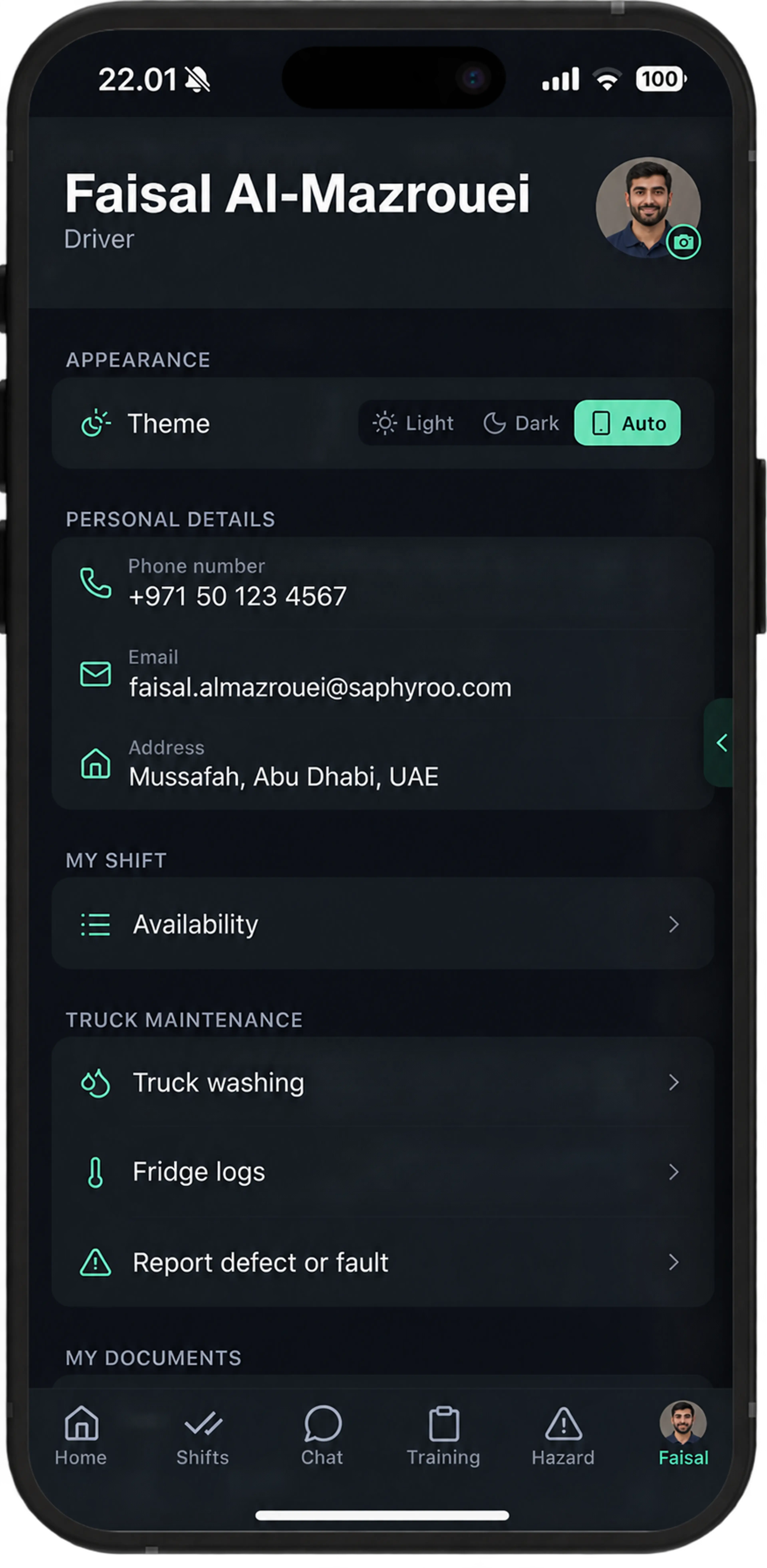 Drive360 driver app profile screen: theme, personal details, availability, and truck maintenance actions for washing, fridge logs and defect reporting