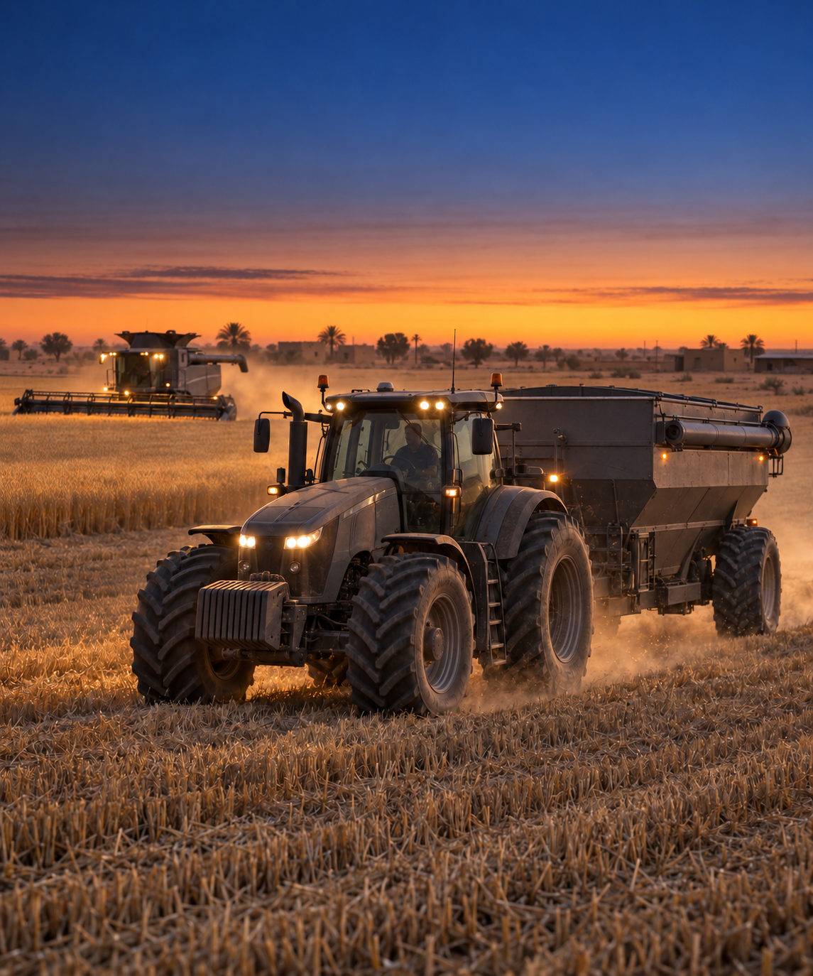 Photograph: a tractor and implement working a paddock at first light, shot wide. Warm low light, room at the top, no text in the artwork.