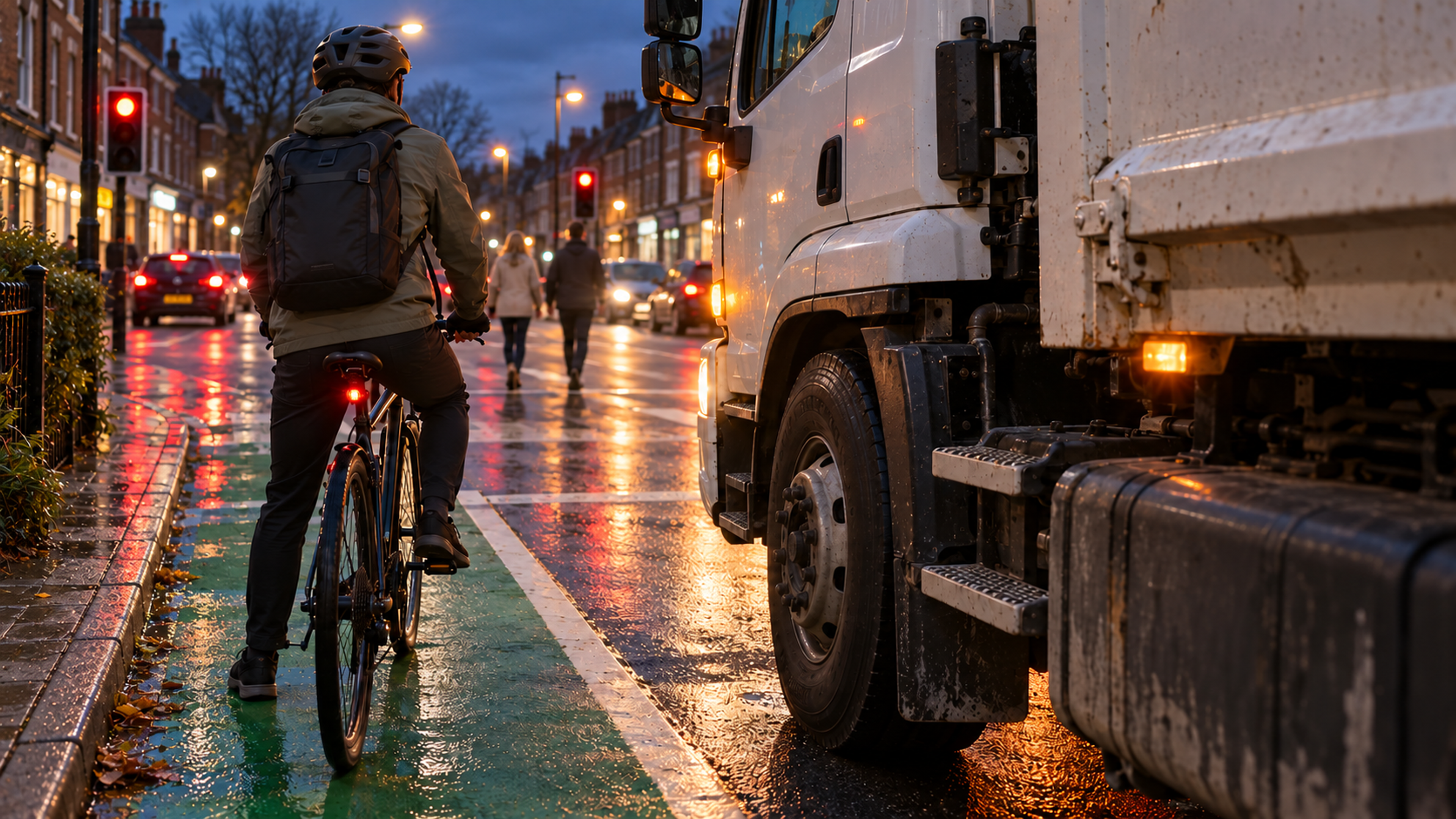 Editorial image: a working vehicle on a busy street at dusk. No text in the artwork.