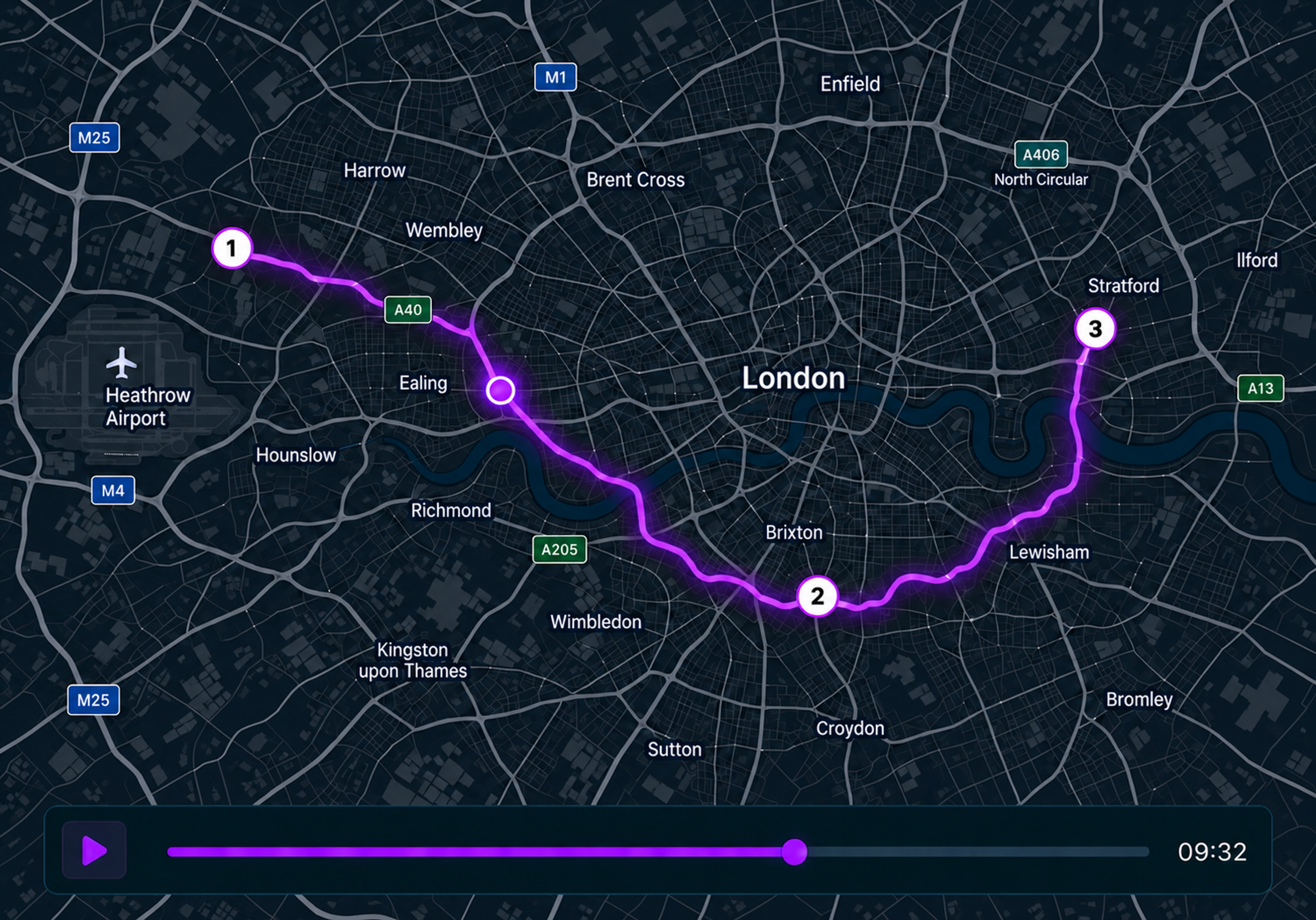 Trip playback view: the day's route traced on a map with numbered stop markers and a play control. 4:3, dark UI.