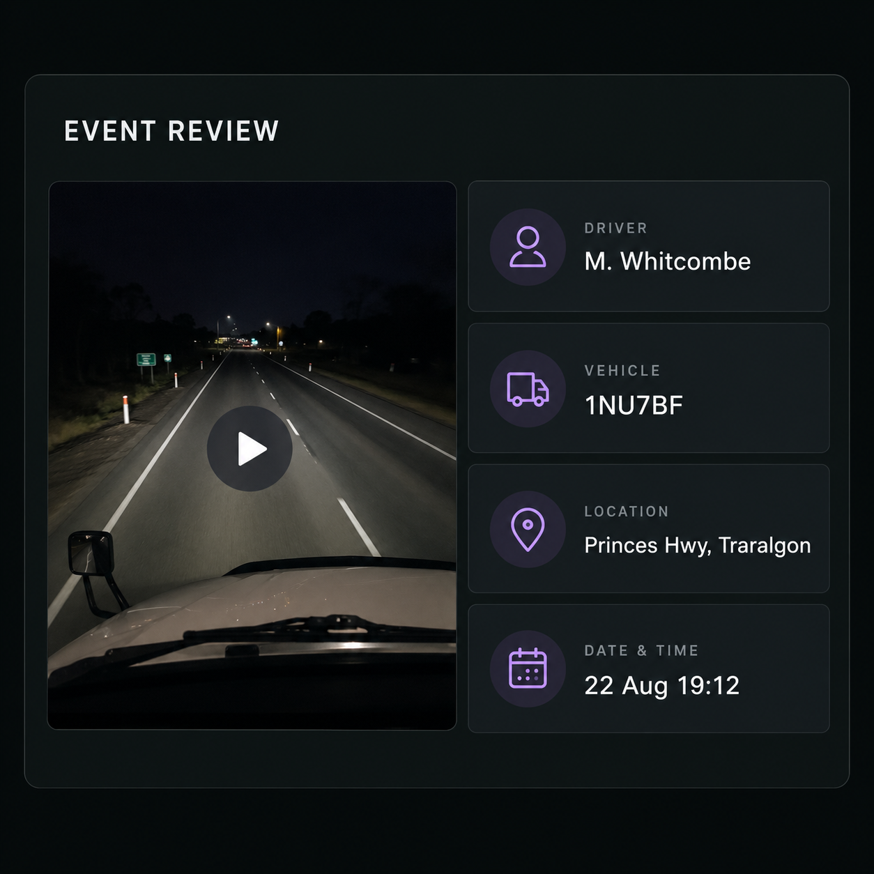 Event review: the clip with the driver, vehicle and location record beside it.