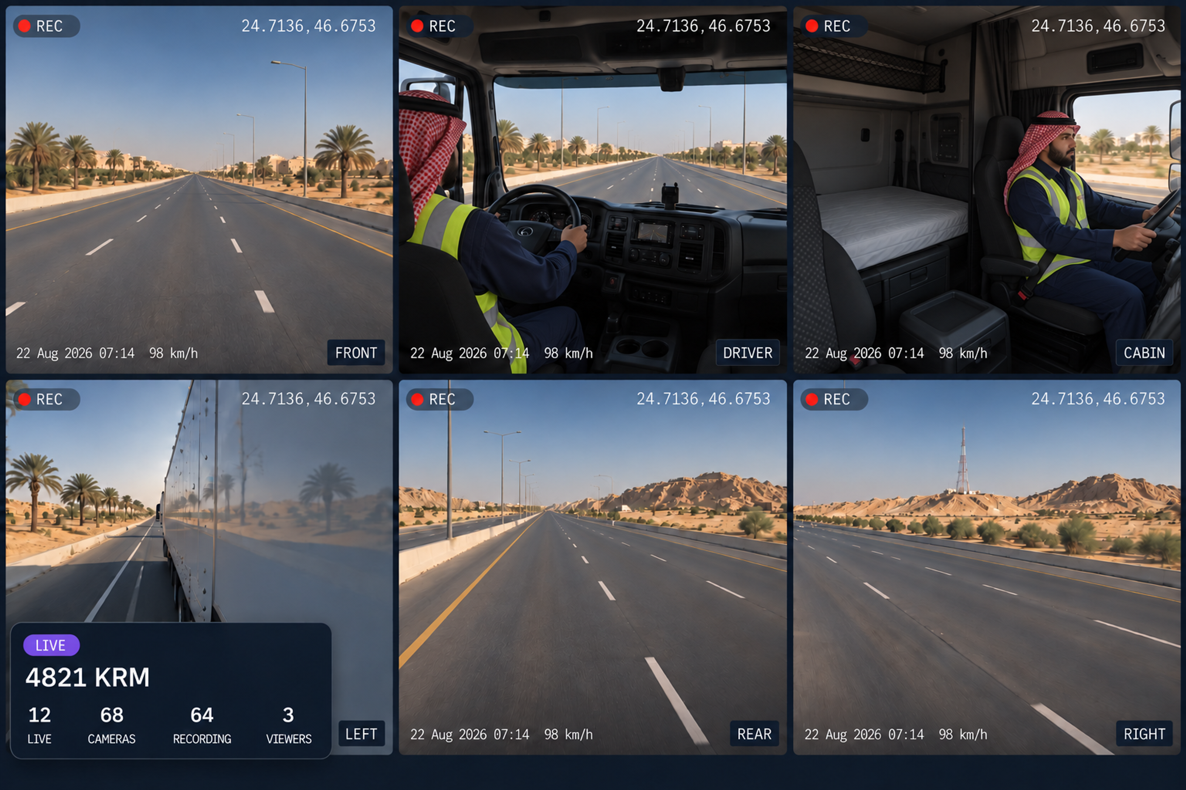 Vision360 live view: the fleet counters for live vehicles, online cameras, recording cameras, offline cameras and live viewers, above a six-up synchronised camera grid for one vehicle with front, driver, cabin, left, rear and right, and the vehicle details and system status panel beside it. 4:3, dark UI, 2000x1500.