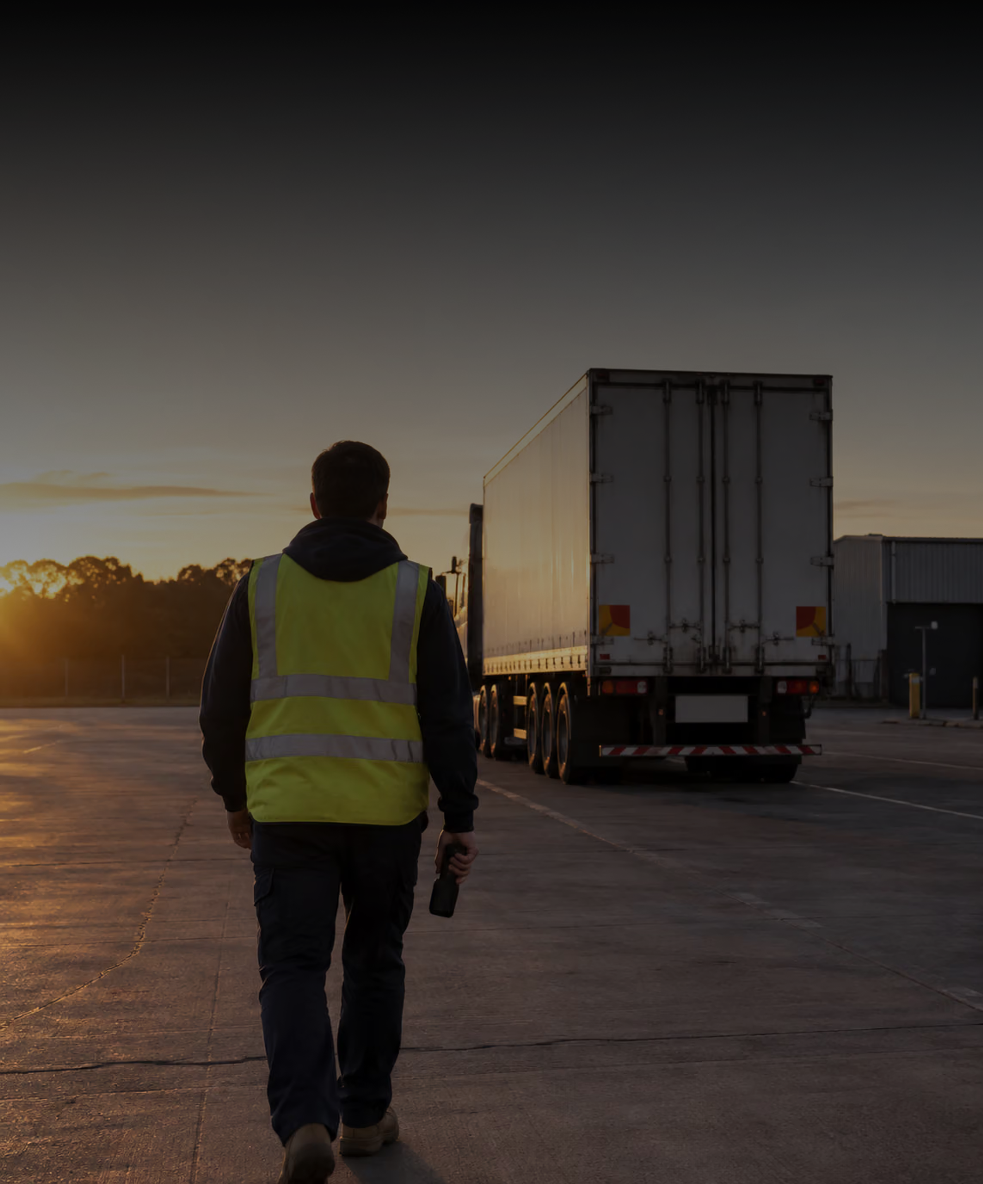 Photograph: a driver walking to the vehicle at dawn with a handset. Dark and cool, room at the top, no text in the artwork.