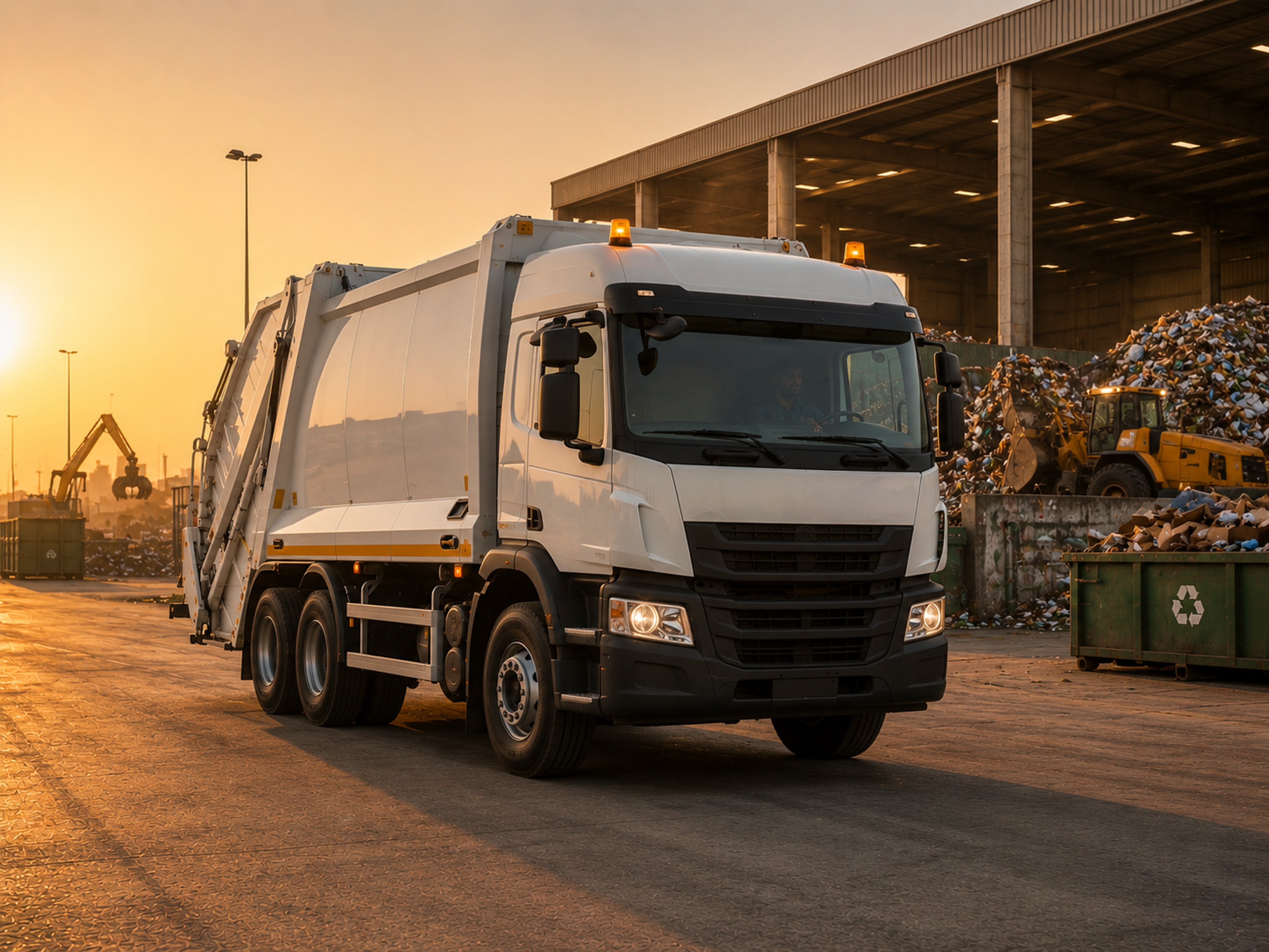 Refuse collection truck at a Saudi waste transfer station at golden hour
