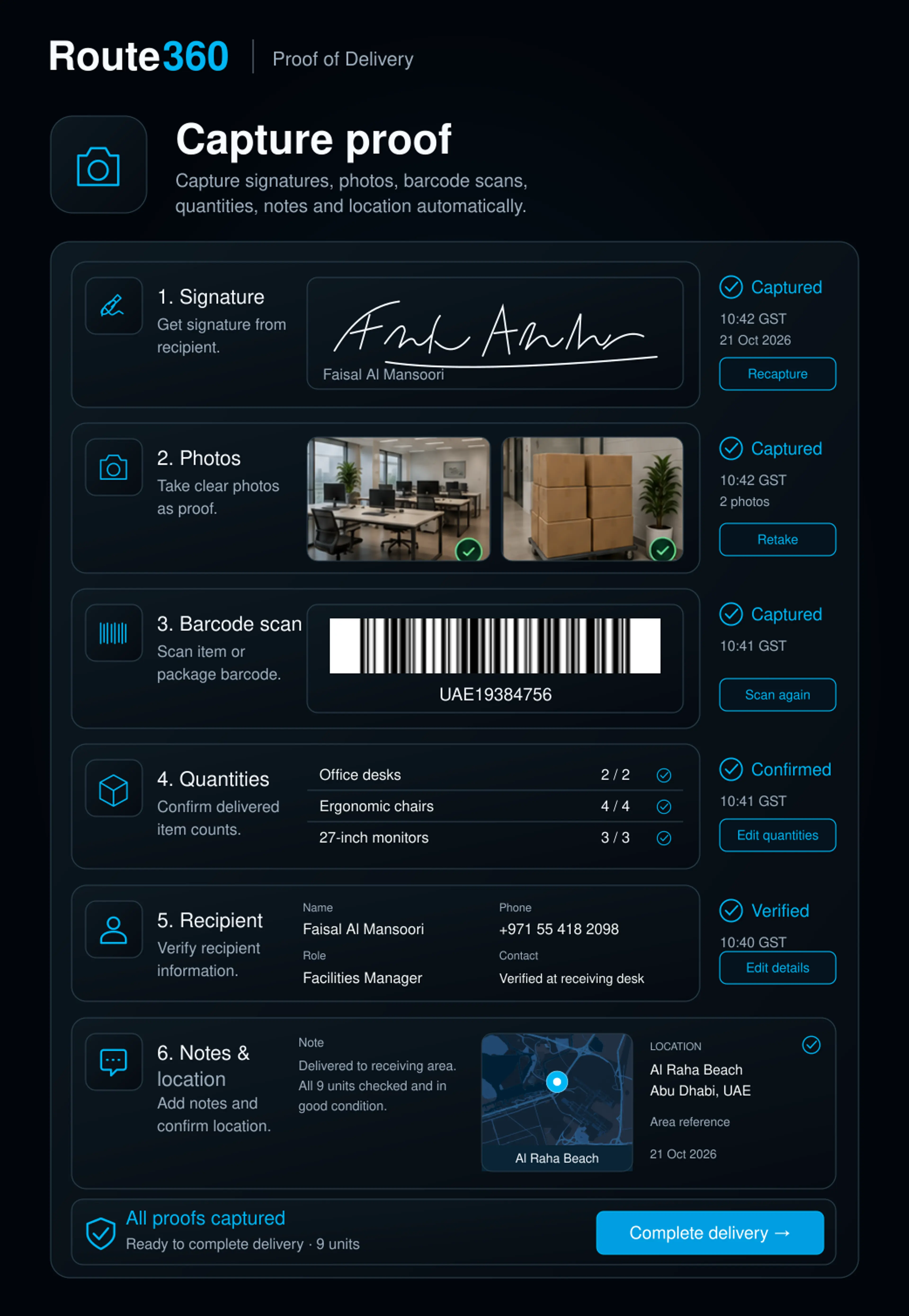 Proof requirement icons over the capture screens: signature pad, photo, barcode scanner, quantities, notes and location. Portrait handset, 9:13 crop.