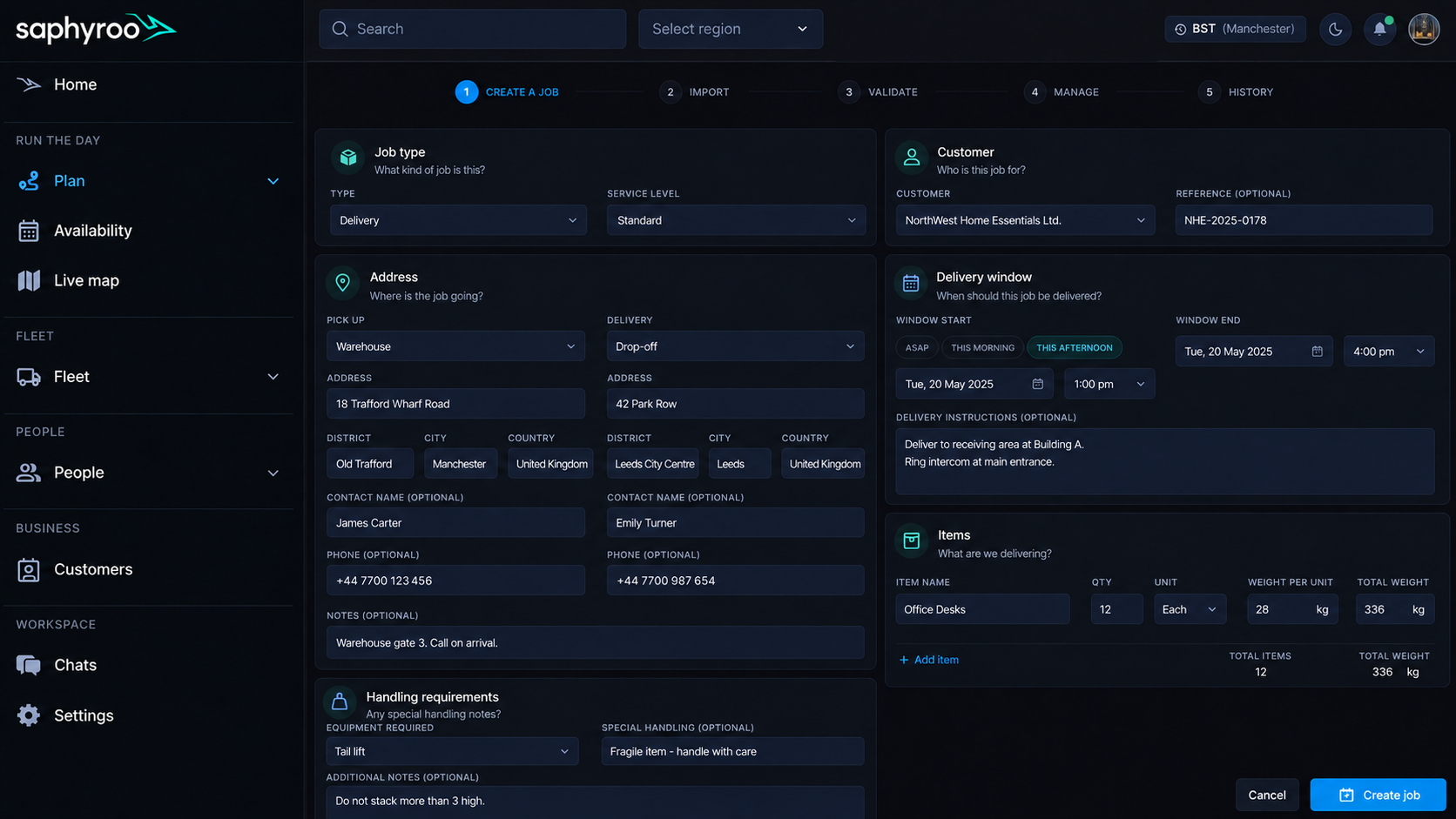 Job creation form: type, customer, address, window, items and requirements across one panel. 16:9, dark UI.