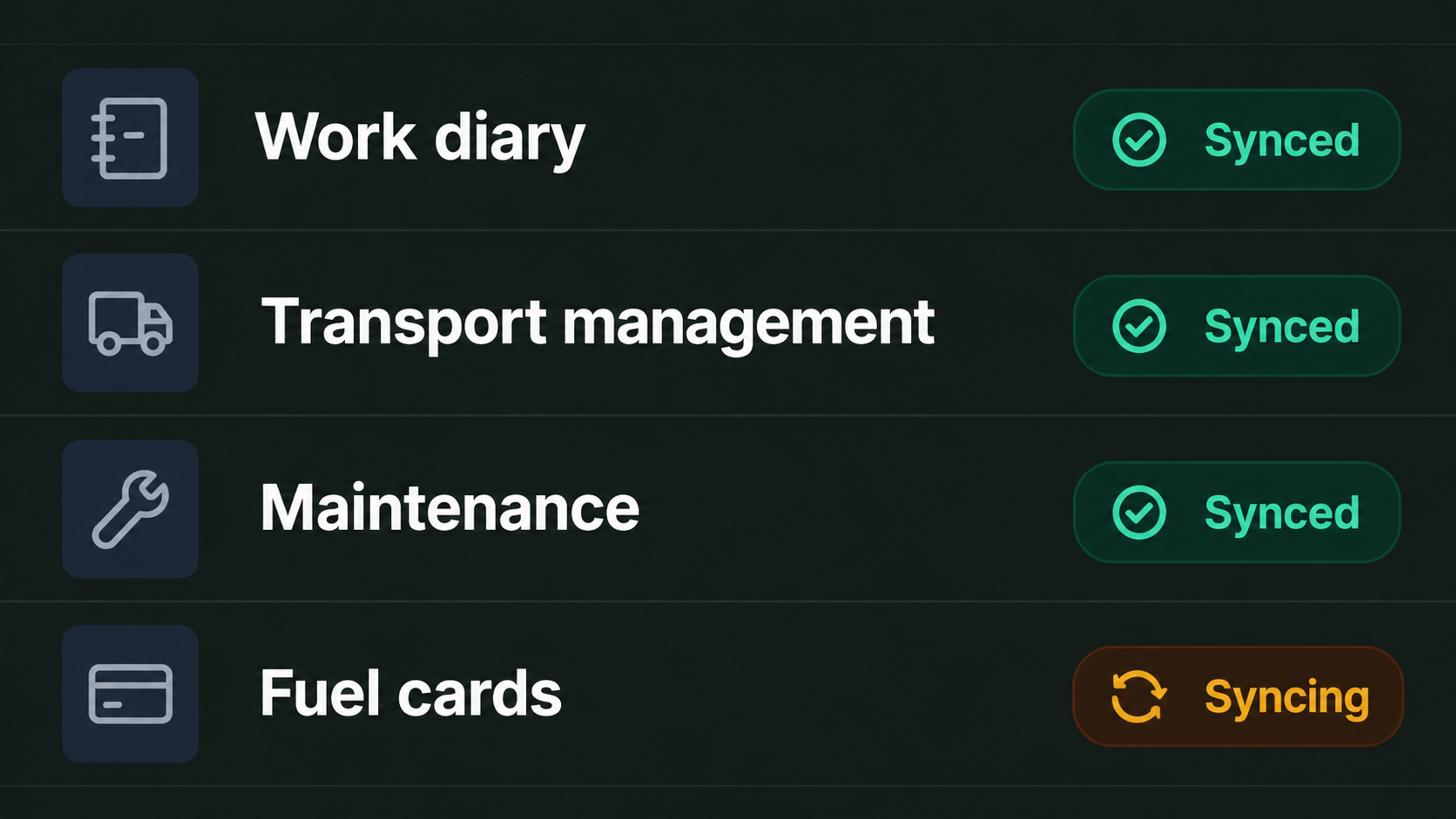 Integrations view: connected system categories with their sync status.