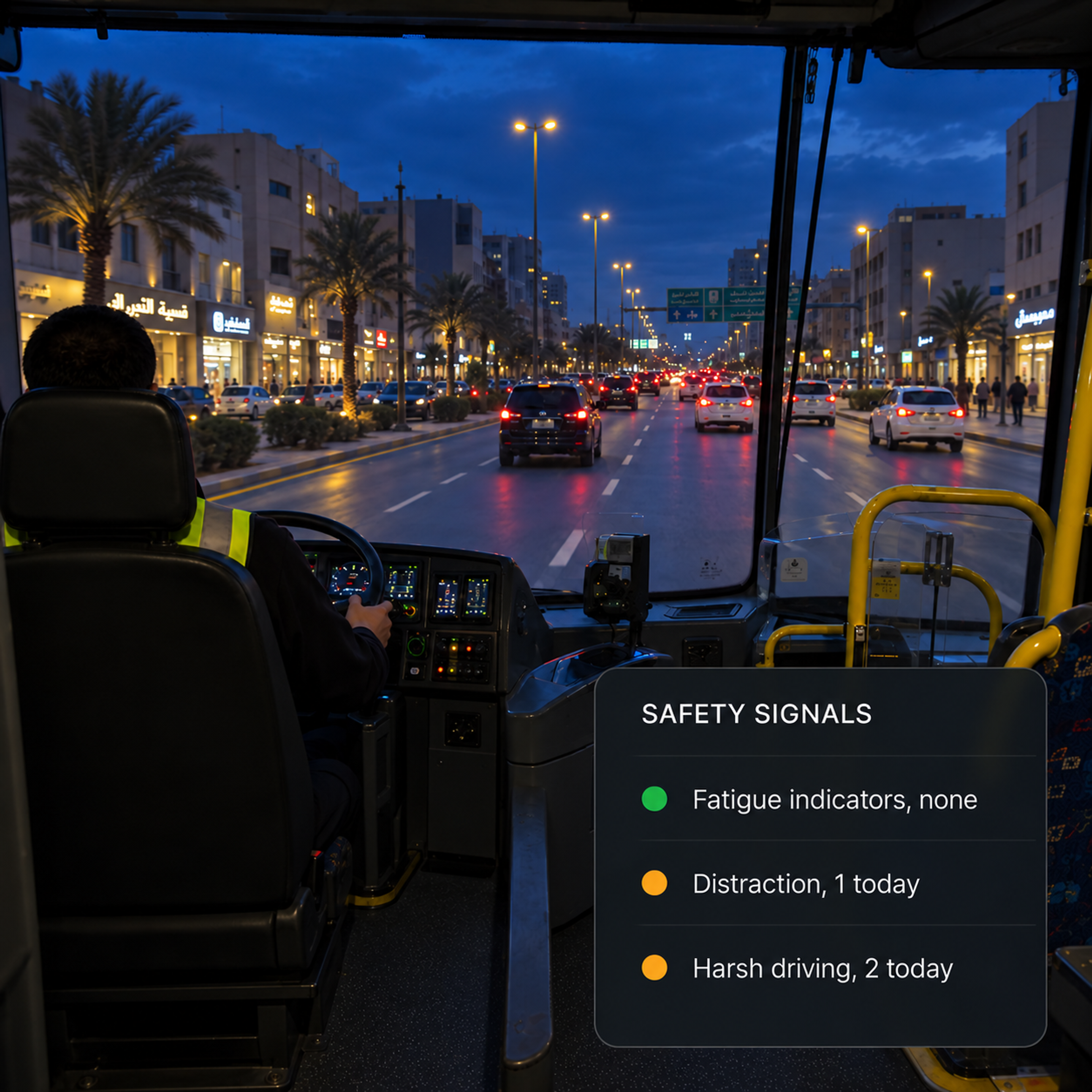 Safety signals view: fatigue, distraction and harsh driving indicators as they surface.