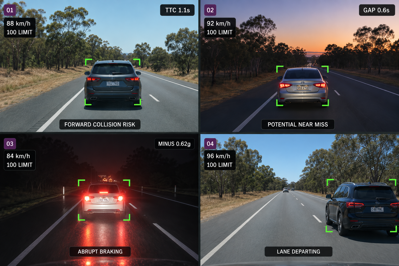 The four supported forward-road events as road-facing camera stills: collision risk with the lead vehicle boxed, a near-miss with two vehicles boxed, an abrupt braking event, and a lead vehicle clearing the lane. 4:3, dark UI.