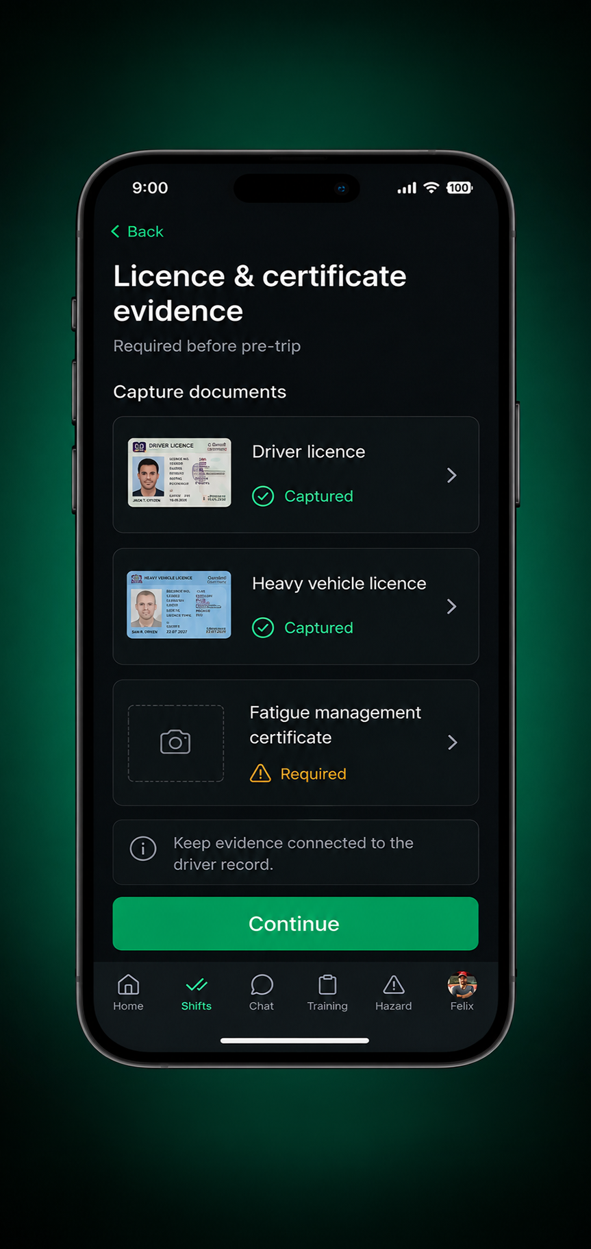 Drive360 app: photographing a licence, with the capture preview