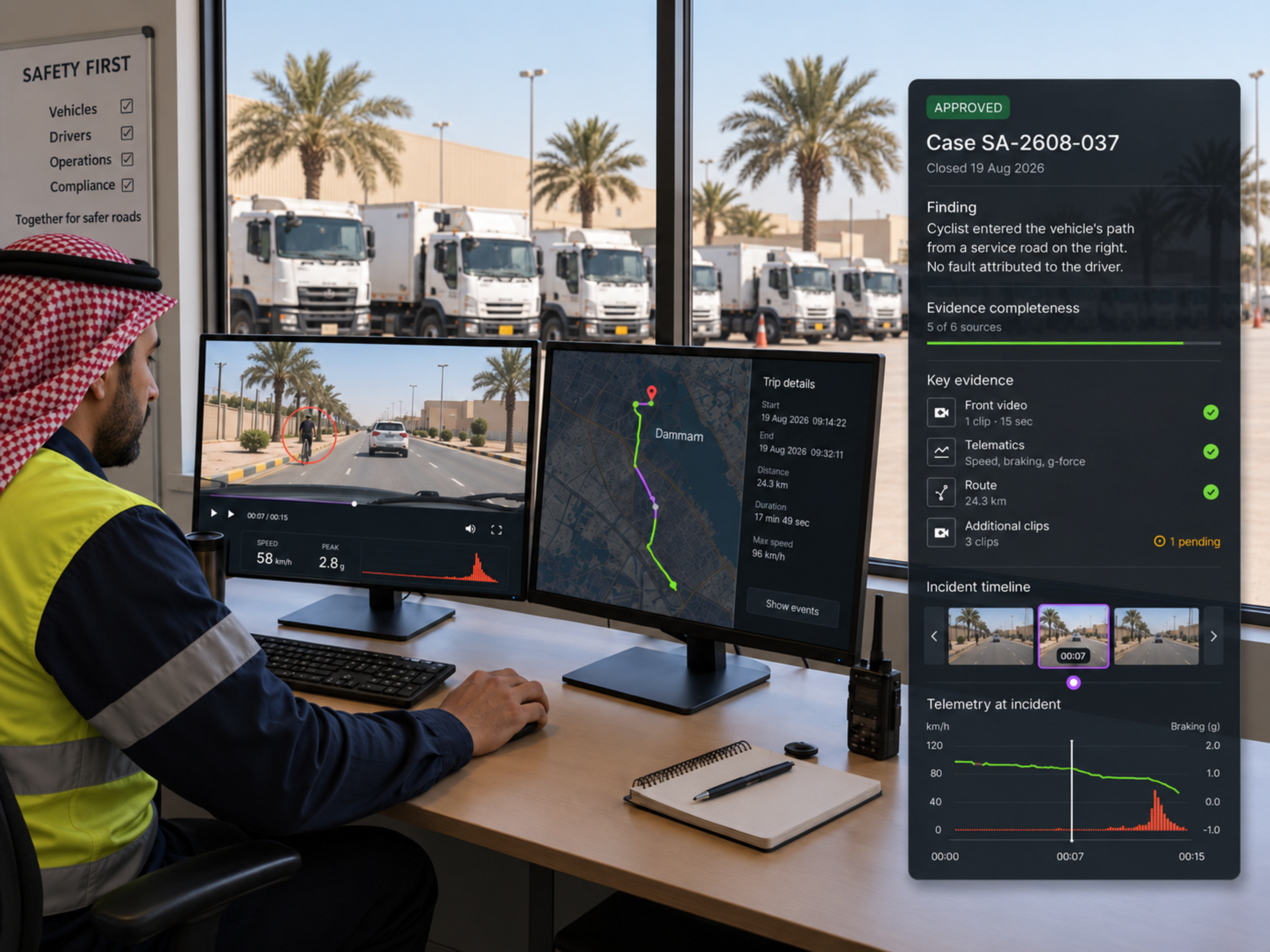 Vision360 investigation workspace: the case reference with its under-review status and evidence completeness meter, the front camera player beside the driver, left, right and cabin views, the event timeline with event, selected clip and AI highlight markers, and the case context panel. 4:3, dark UI, 2000x1500.