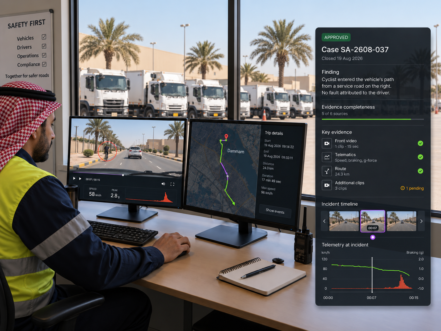 Vision360 investigation workspace: the case reference with its under-review status and evidence completeness meter, the front camera player beside the driver, left, right and cabin views, the event timeline with event, selected clip and AI highlight markers, and the case context panel. 4:3, dark UI, 2000x1500.