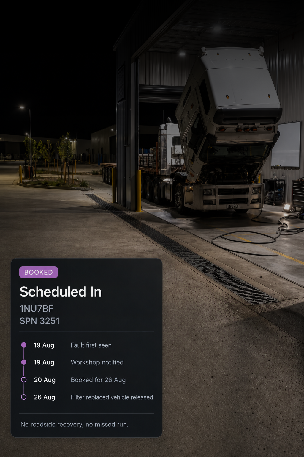 Photograph: a technician with a tablet beside a truck in a workshop bay. Portrait 3:4, dark and cool, room at the top for a heading, no text in the artwork.