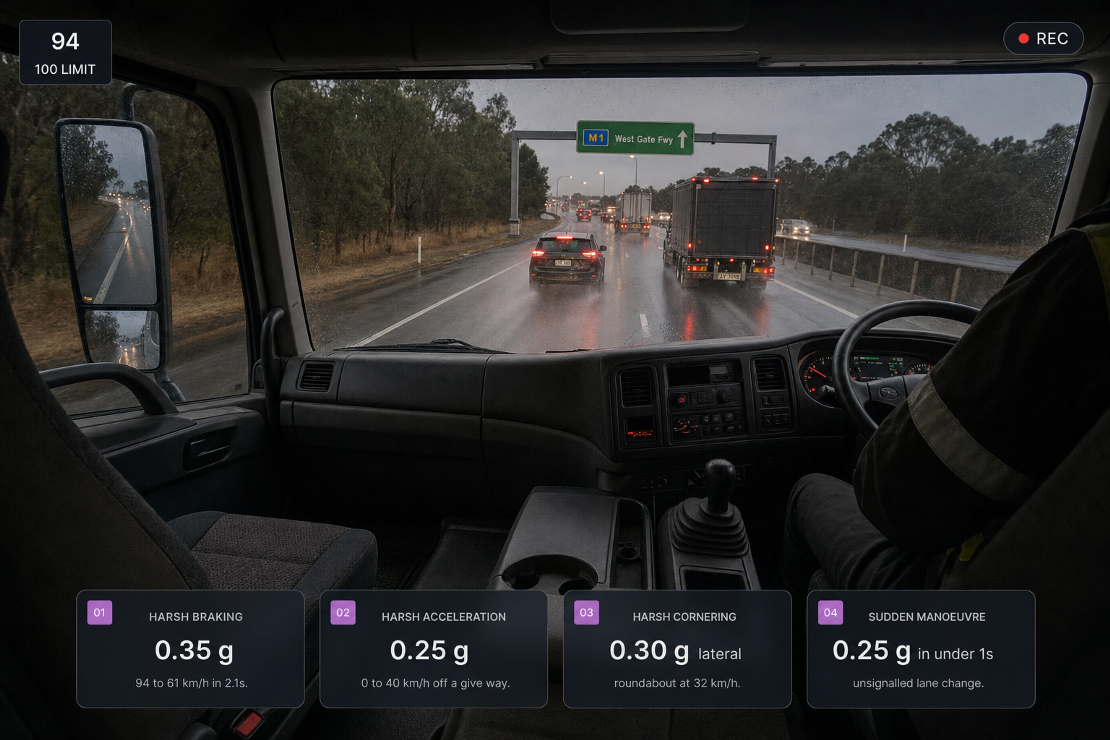 The four harsh-event types as labelled cards with their threshold examples, over a road-facing still of a wet motorway. 4:3, dark UI.