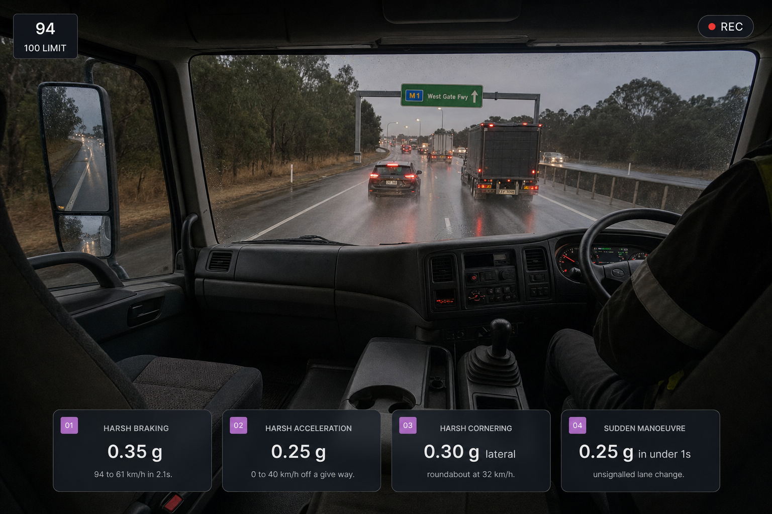 The four harsh-event types as labelled cards with their threshold examples, over a road-facing still of a wet motorway. 4:3, dark UI.