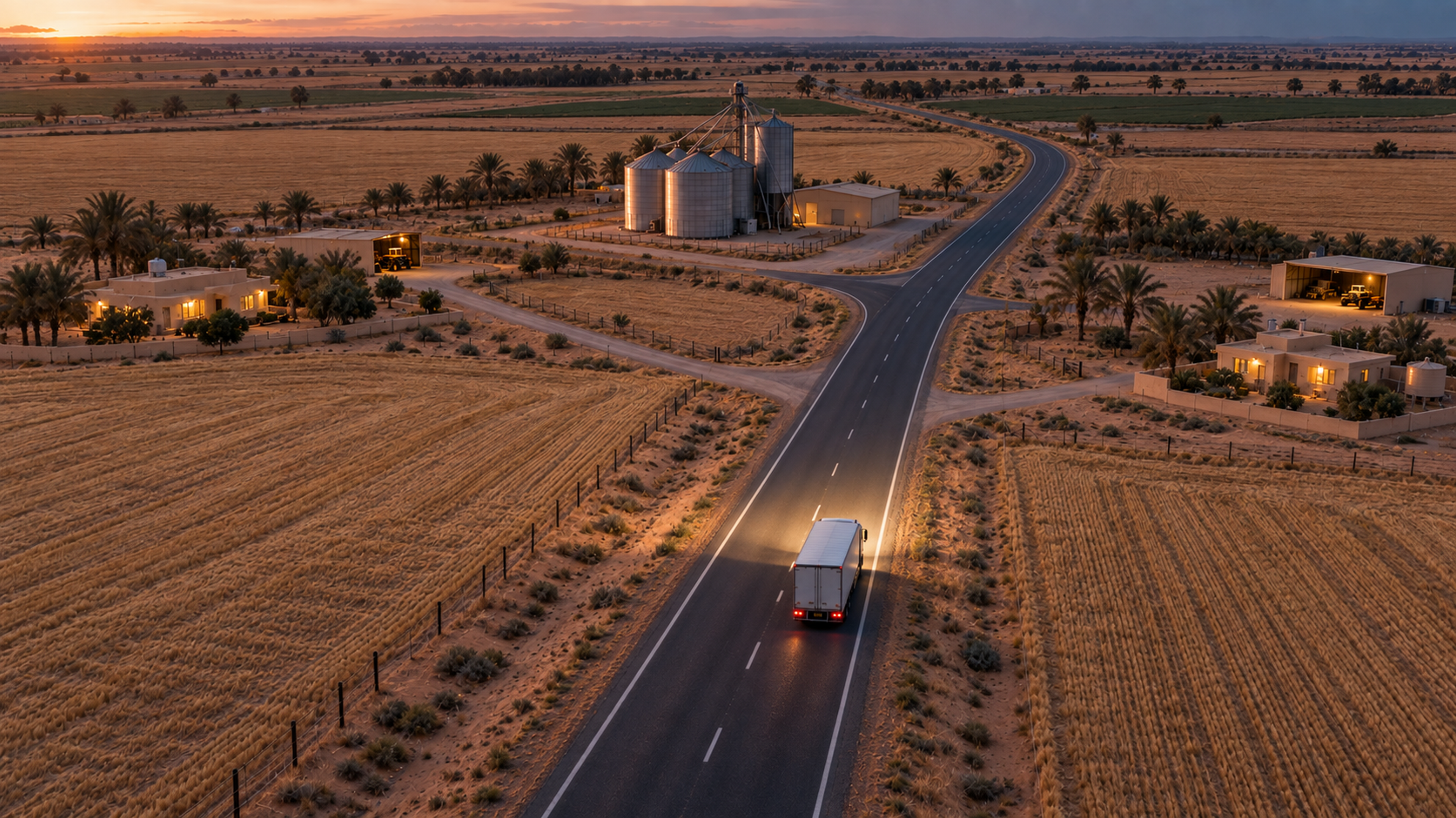 Editorial image: a rural delivery route seen from height. No text in the artwork.
