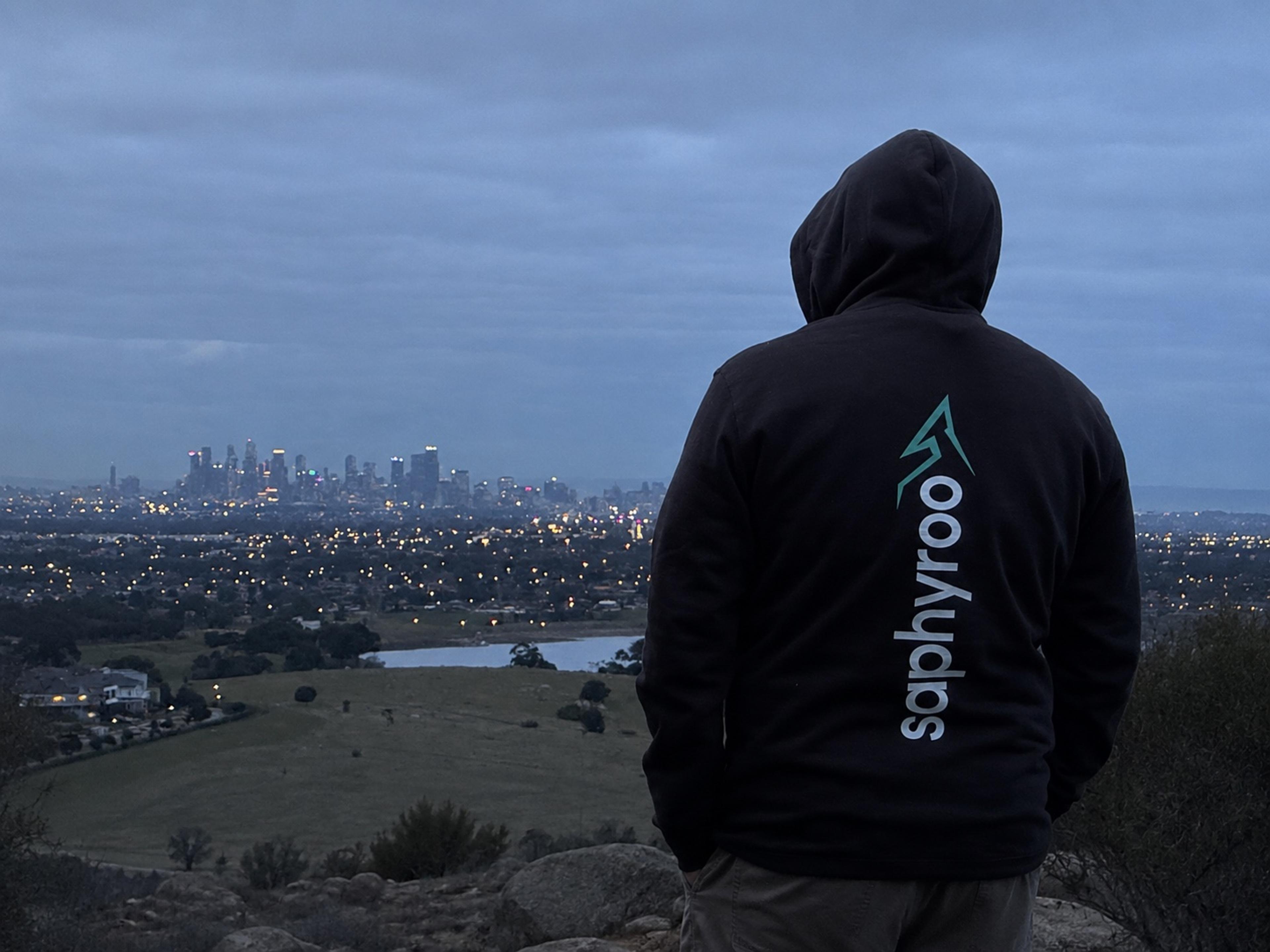 A Saphyroo hoodie on a cold Melbourne evening