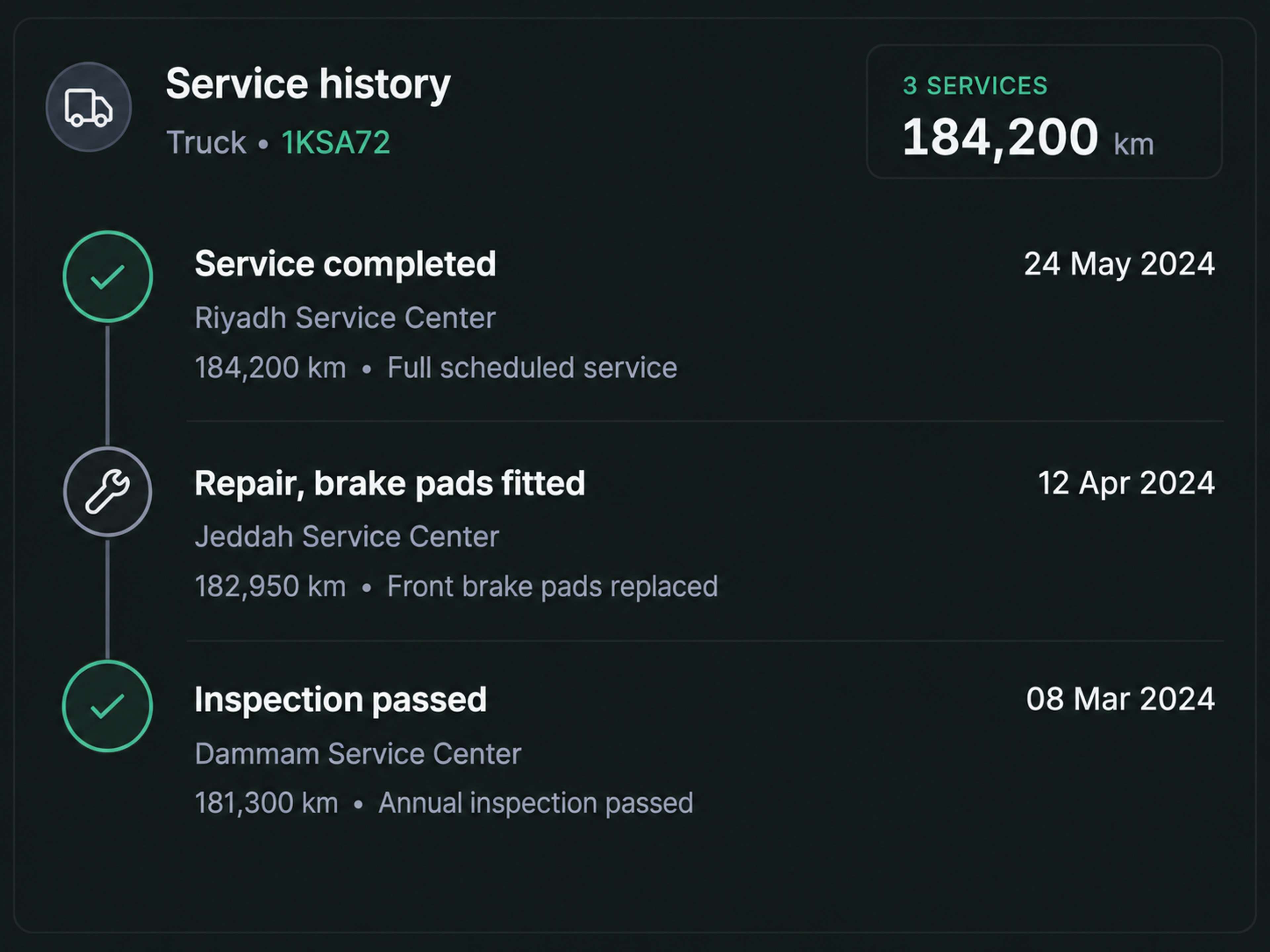 Drive360 service timeline for one vehicle