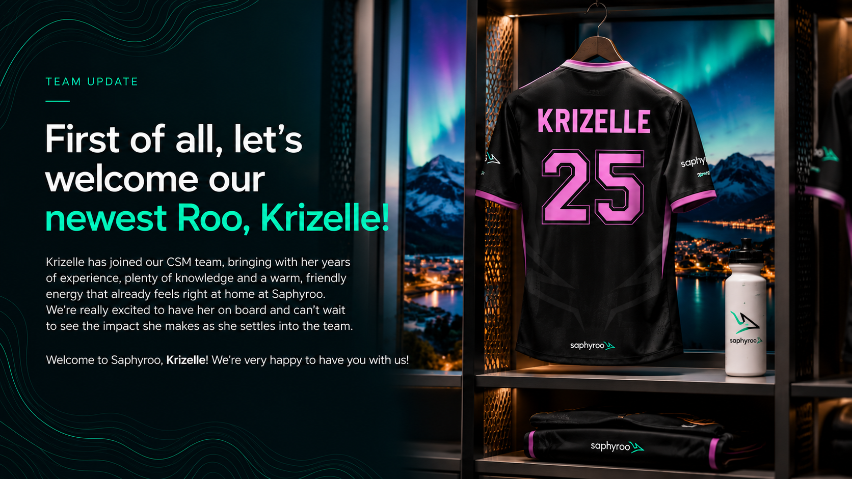 Krizelle's Saphyroo shirt, number 25, hanging in a locker