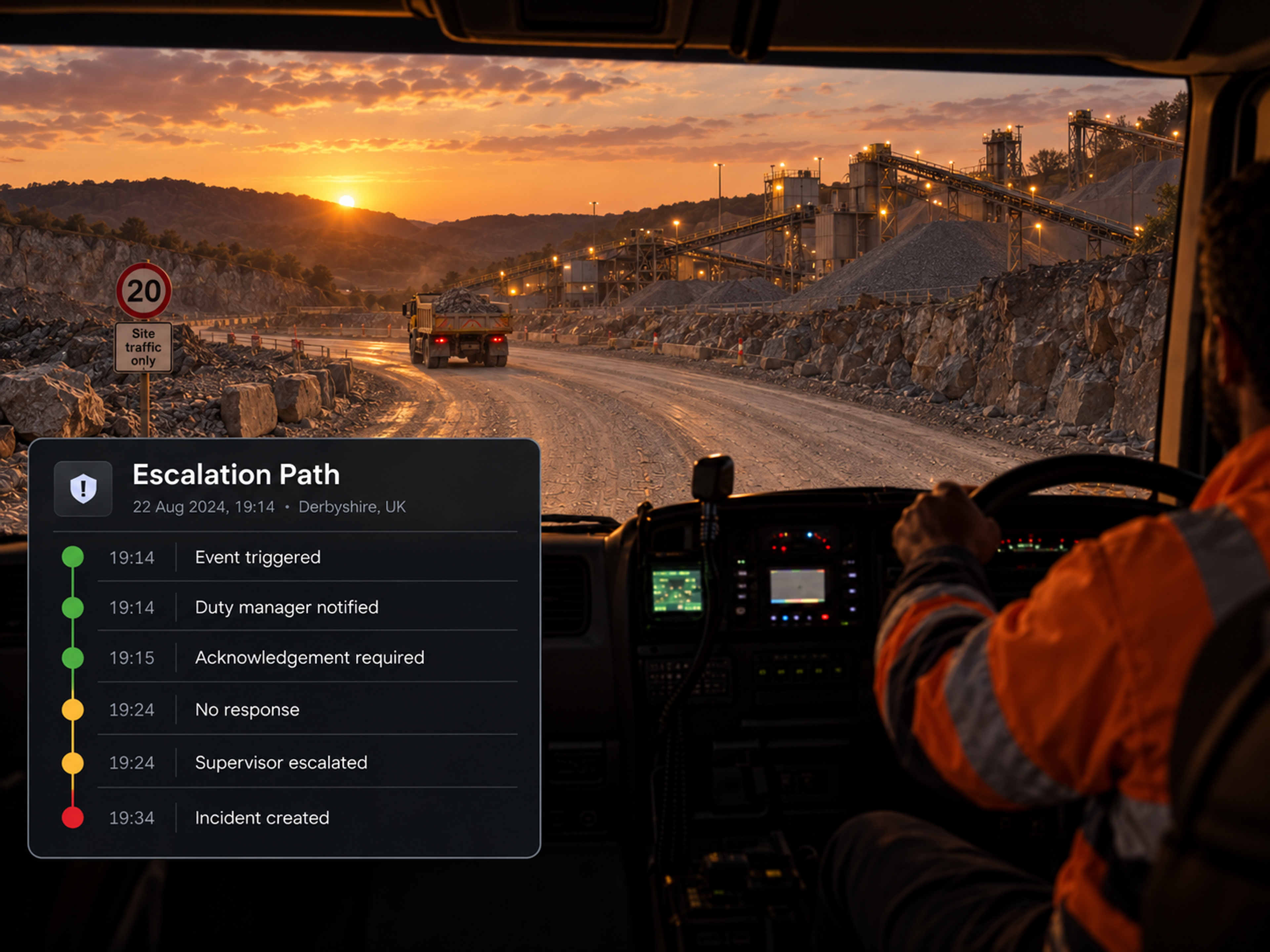 The escalation path timeline with six steps, each with its own time stamp and status colour. 4:3, dark UI.