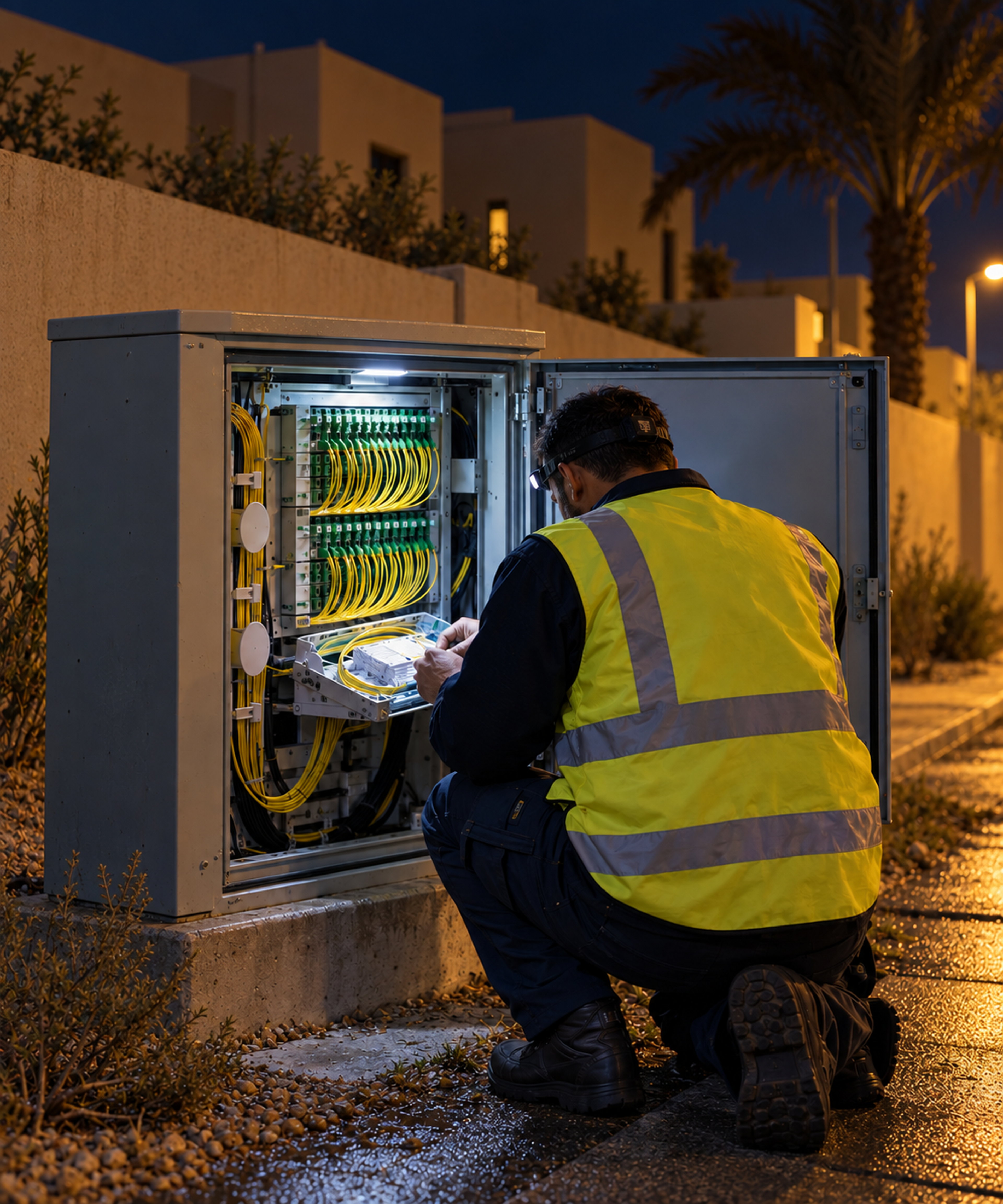 Photograph: a technician at a street cabinet at night. Dark and cool, room at the top, no text in the artwork.