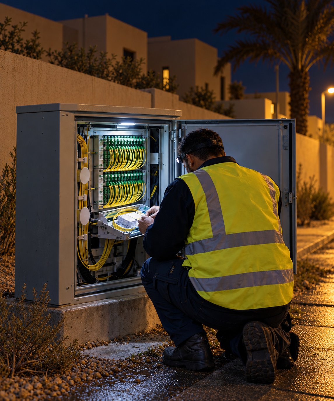 Photograph: a technician at a street cabinet at night. Dark and cool, room at the top, no text in the artwork.
