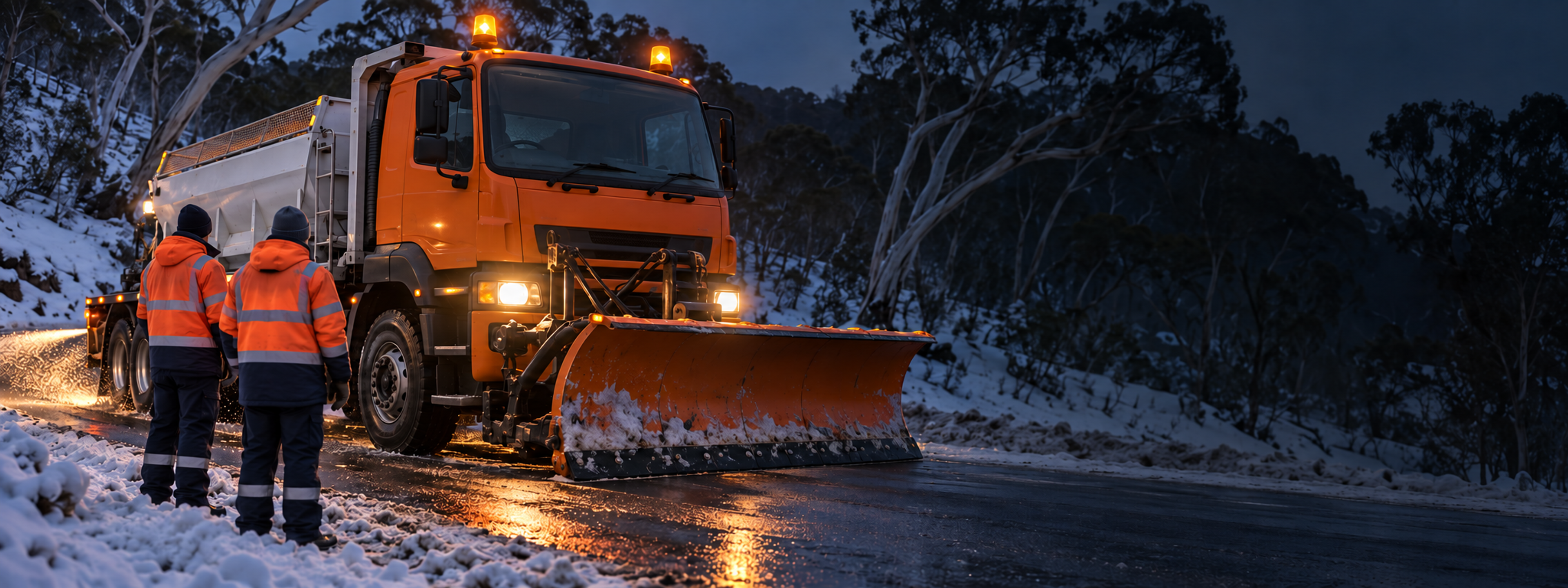 A gritter with a front plough working a treated road in winter light, crew in high-vis alongside. No visible manufacturer badges. Dark and cool enough for a panel to sit over the right third. No text in the artwork. 2400x900.