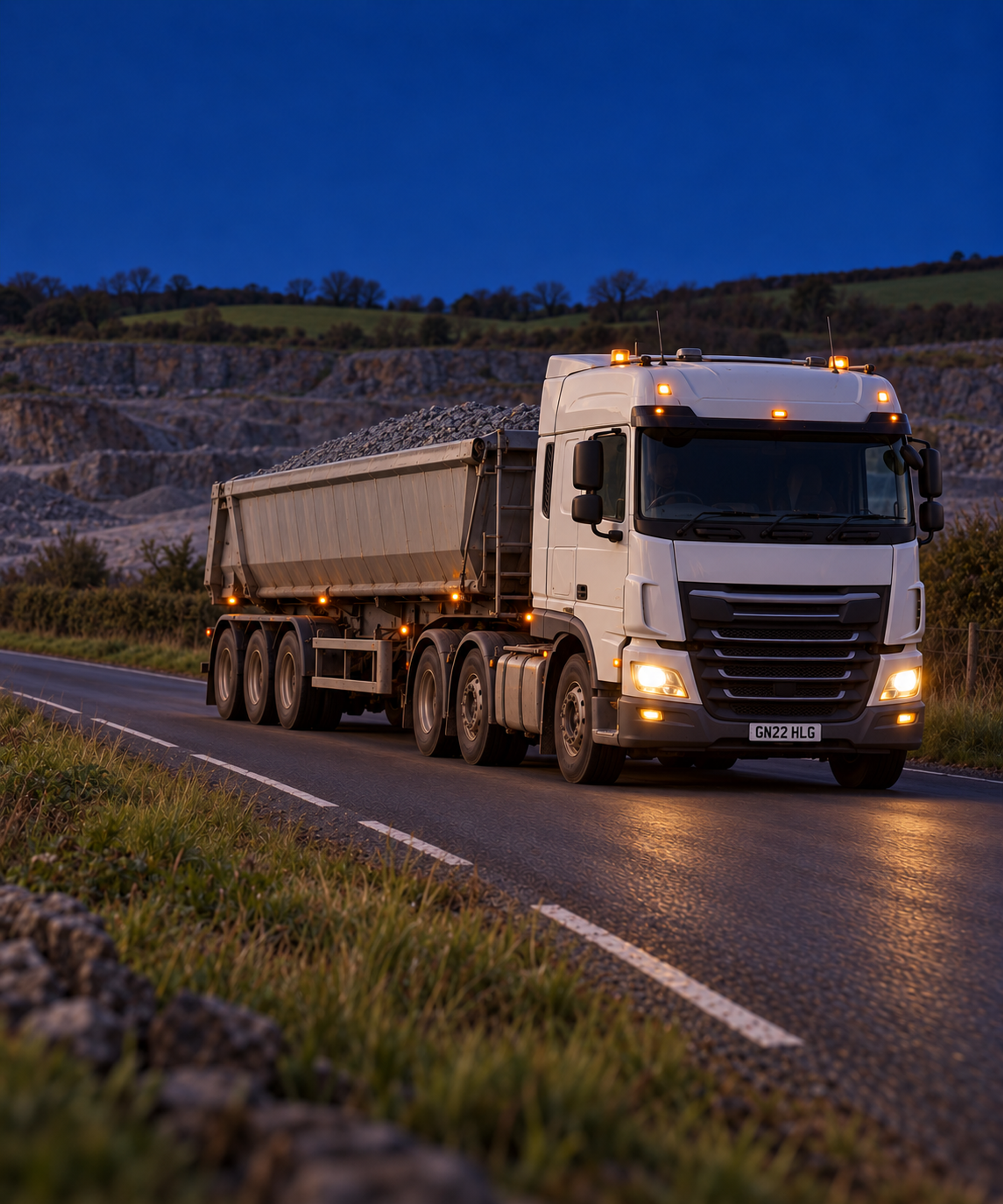 Photograph: a road train on a remote highway at dusk. Dark and cool, room at the top, no text in the artwork.