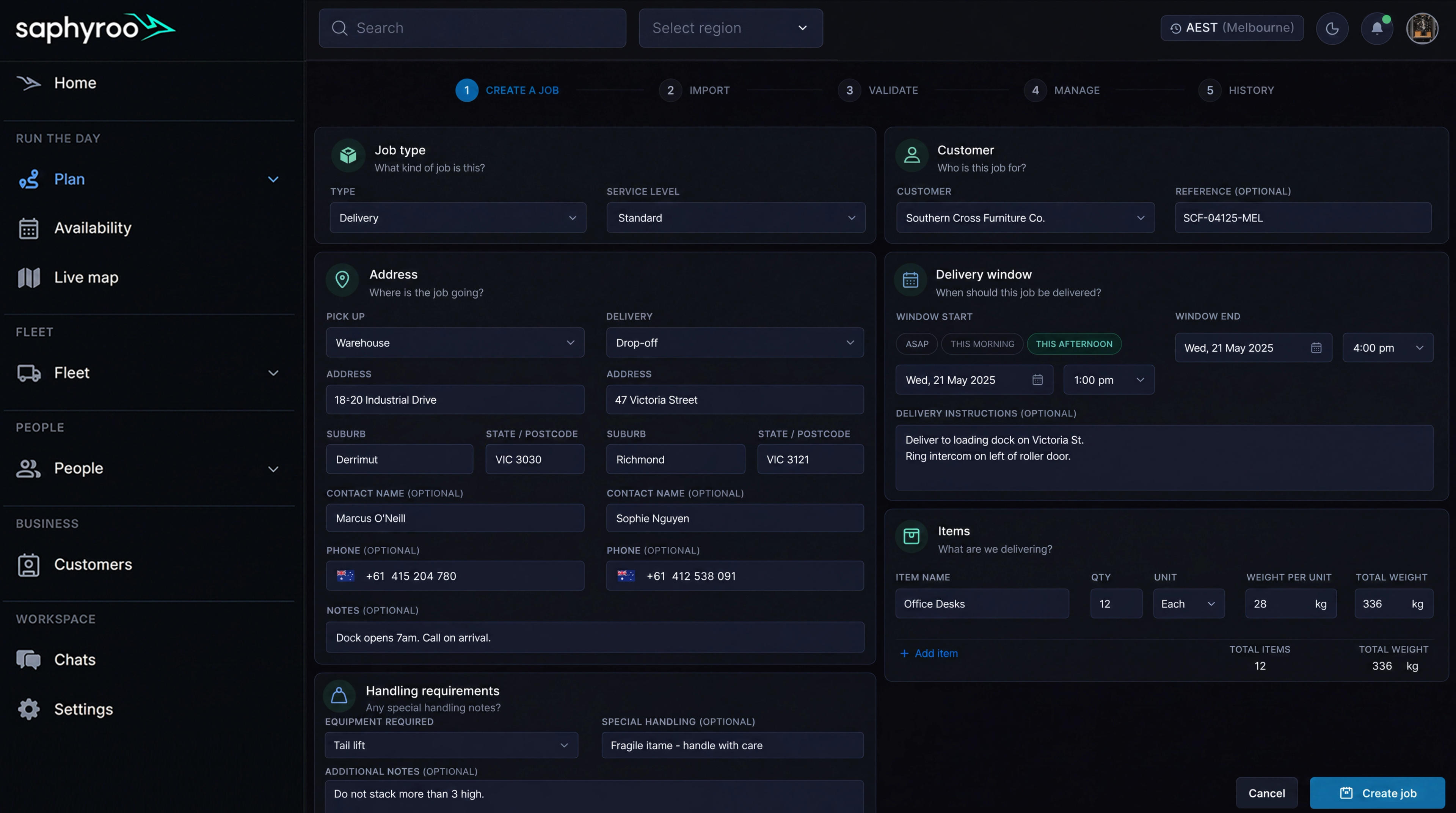 Job creation form: type, customer, address, window, items and requirements across one panel. 16:9, dark UI.