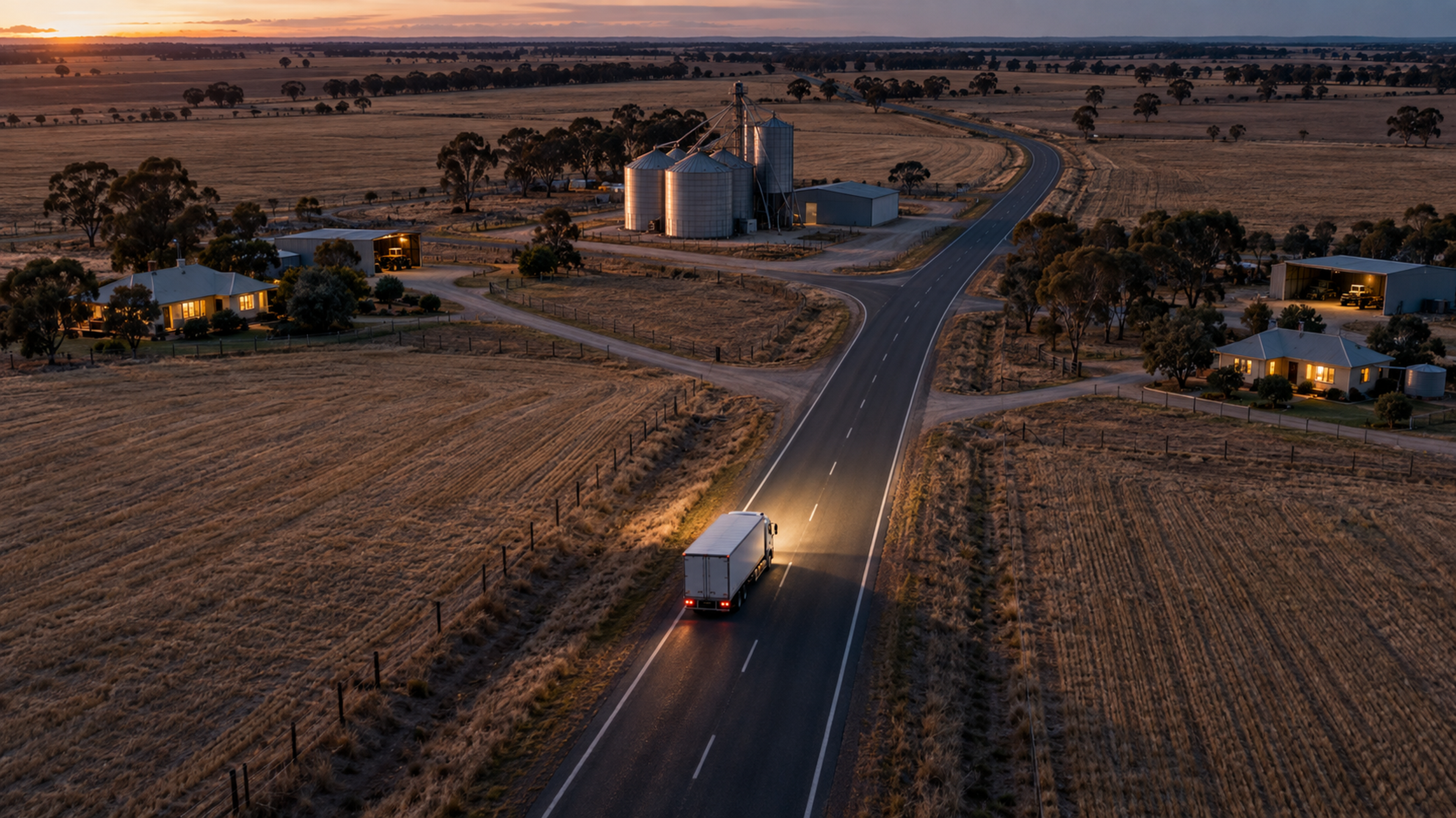 Editorial image: a rural delivery route seen from height. No text in the artwork.