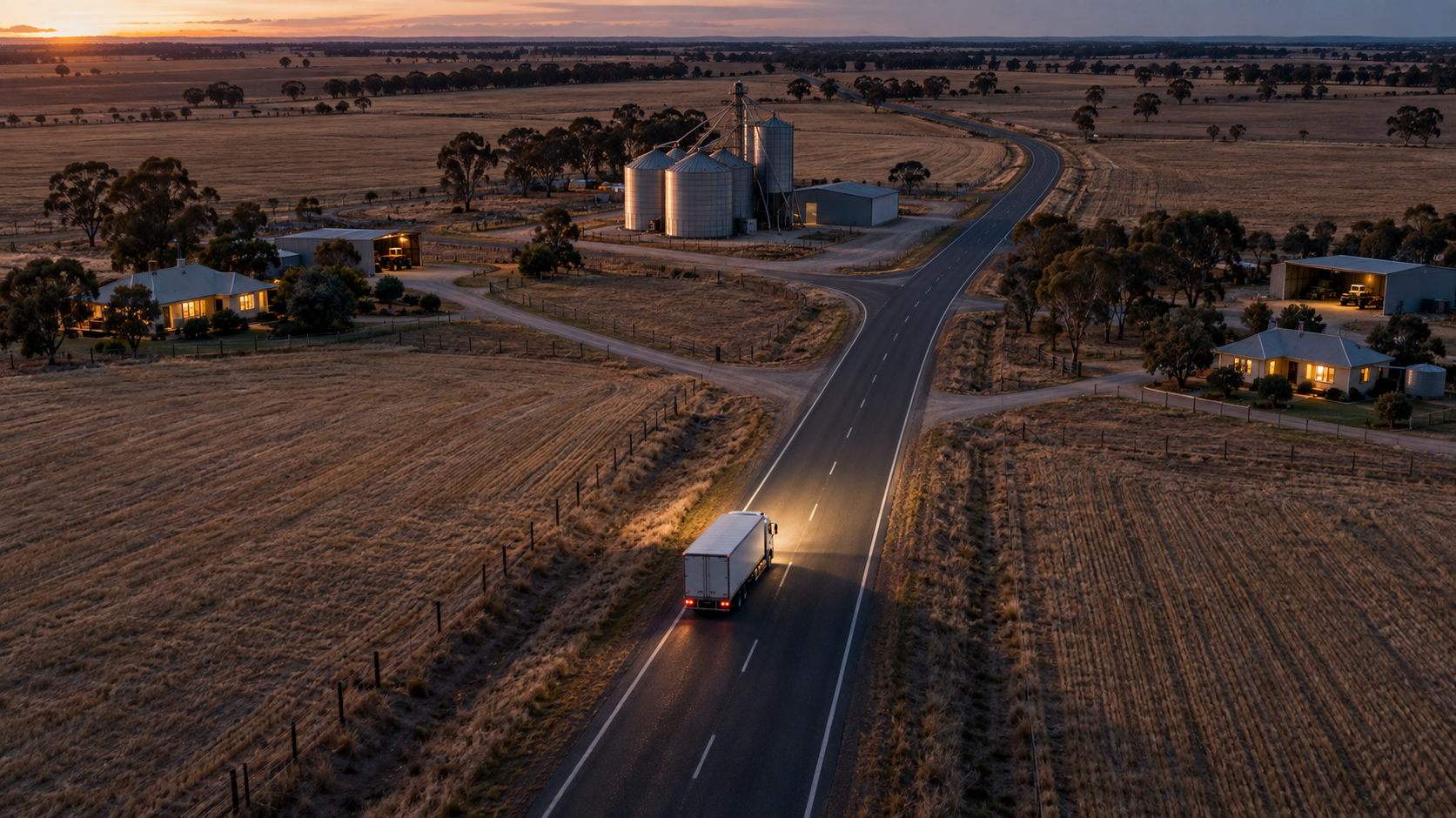 Editorial image: a rural delivery route seen from height. No text in the artwork.