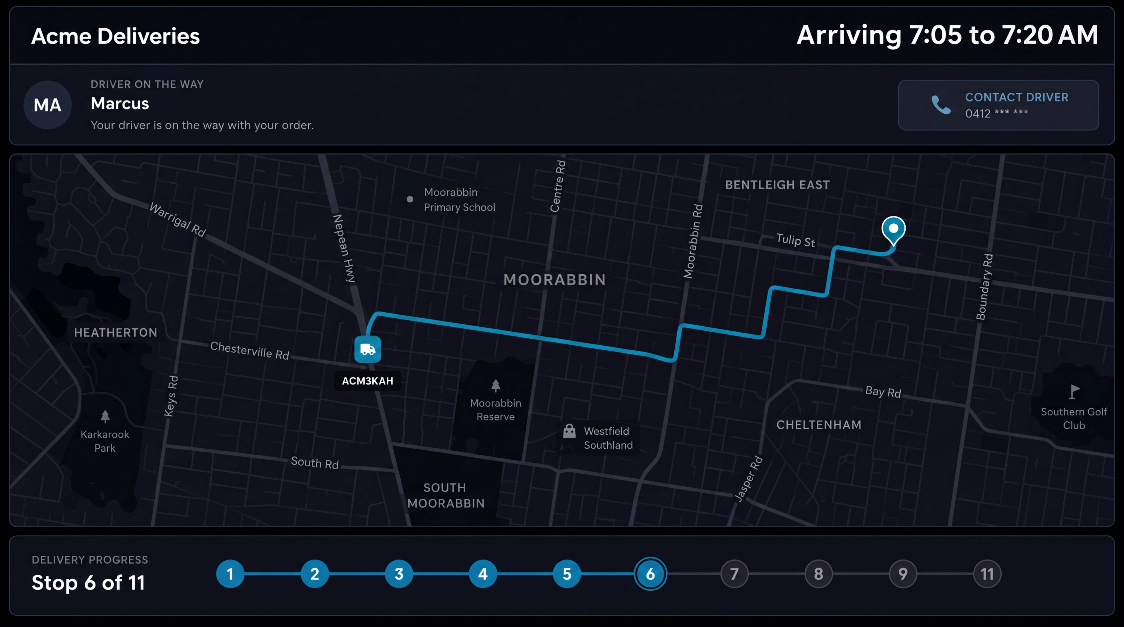 Branded customer tracking page: estimated arrival window, driver on the way card, the route on a map and the stop progress bar. 16:9.