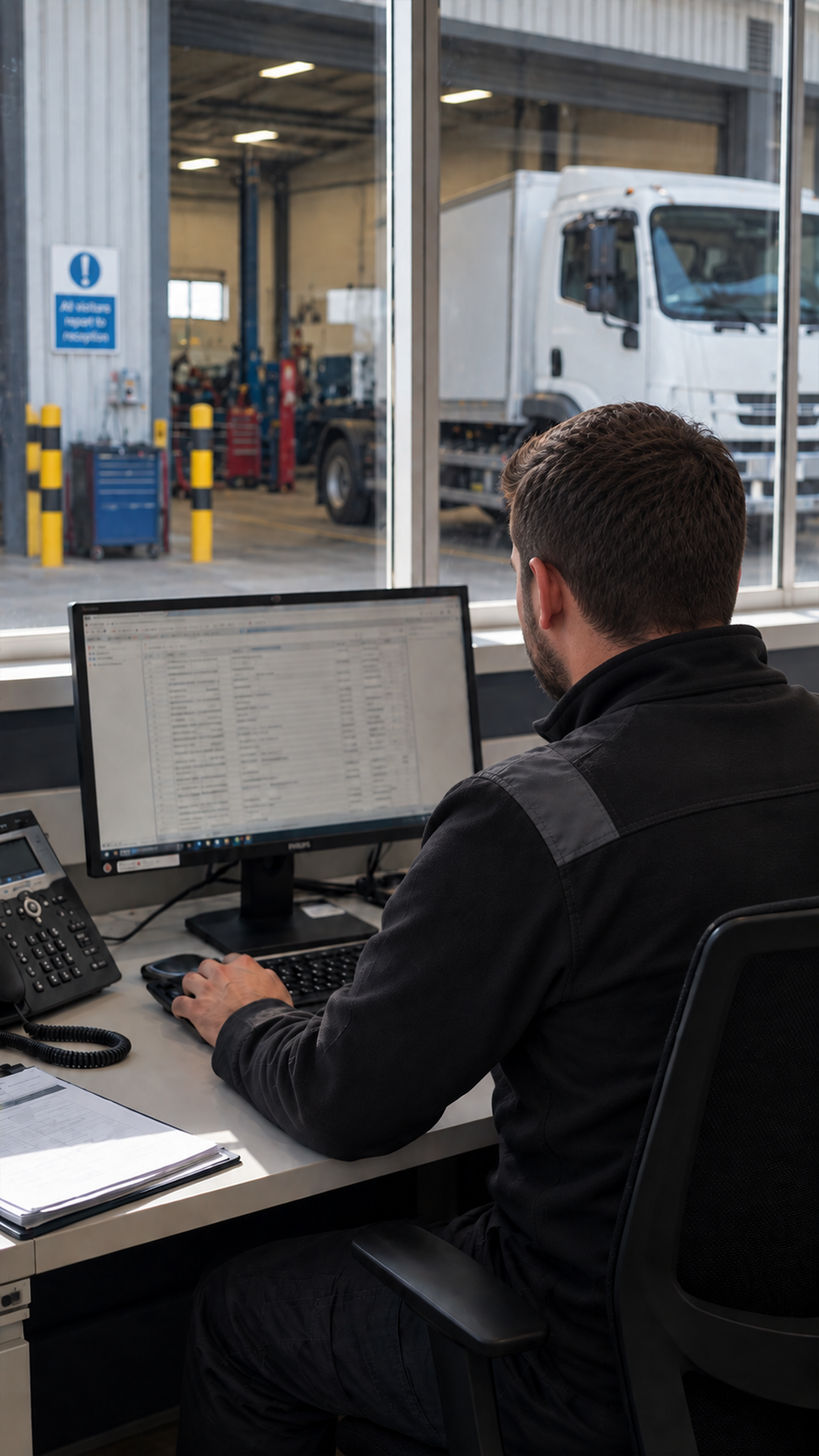 Drive360 app: work order WO-1234 for brake pads, assigned to the workshop team