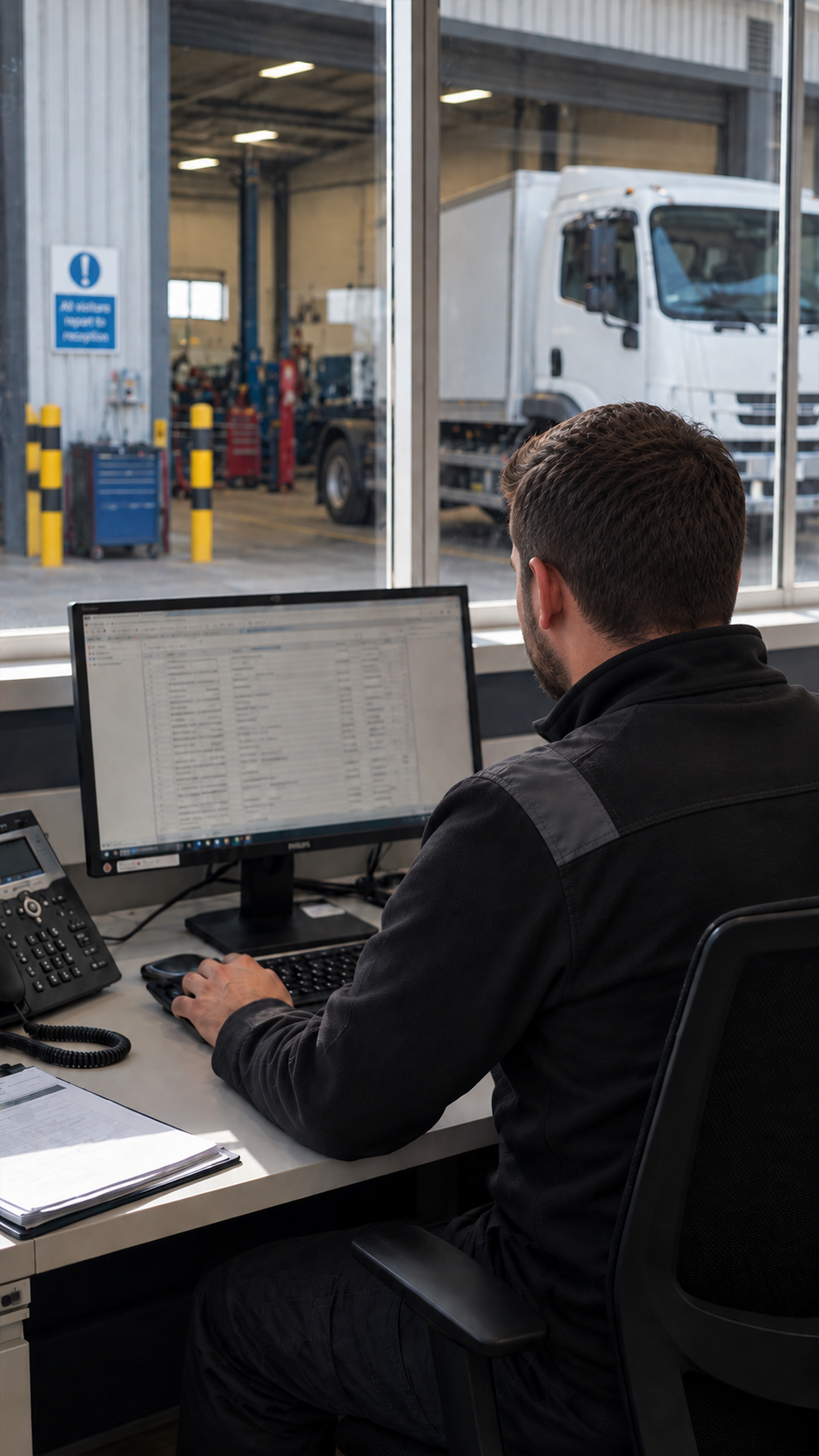 Drive360 app: work order WO-1234 for brake pads, assigned to the workshop team