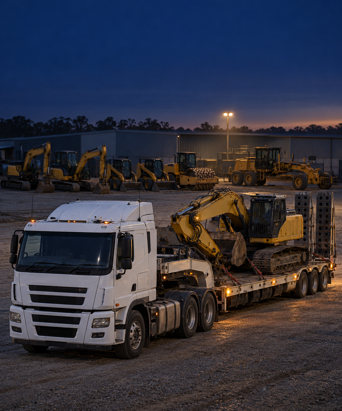 Photograph: a plant yard at first light, machines lined up. Dark and cool, room at the top, no text in the artwork.