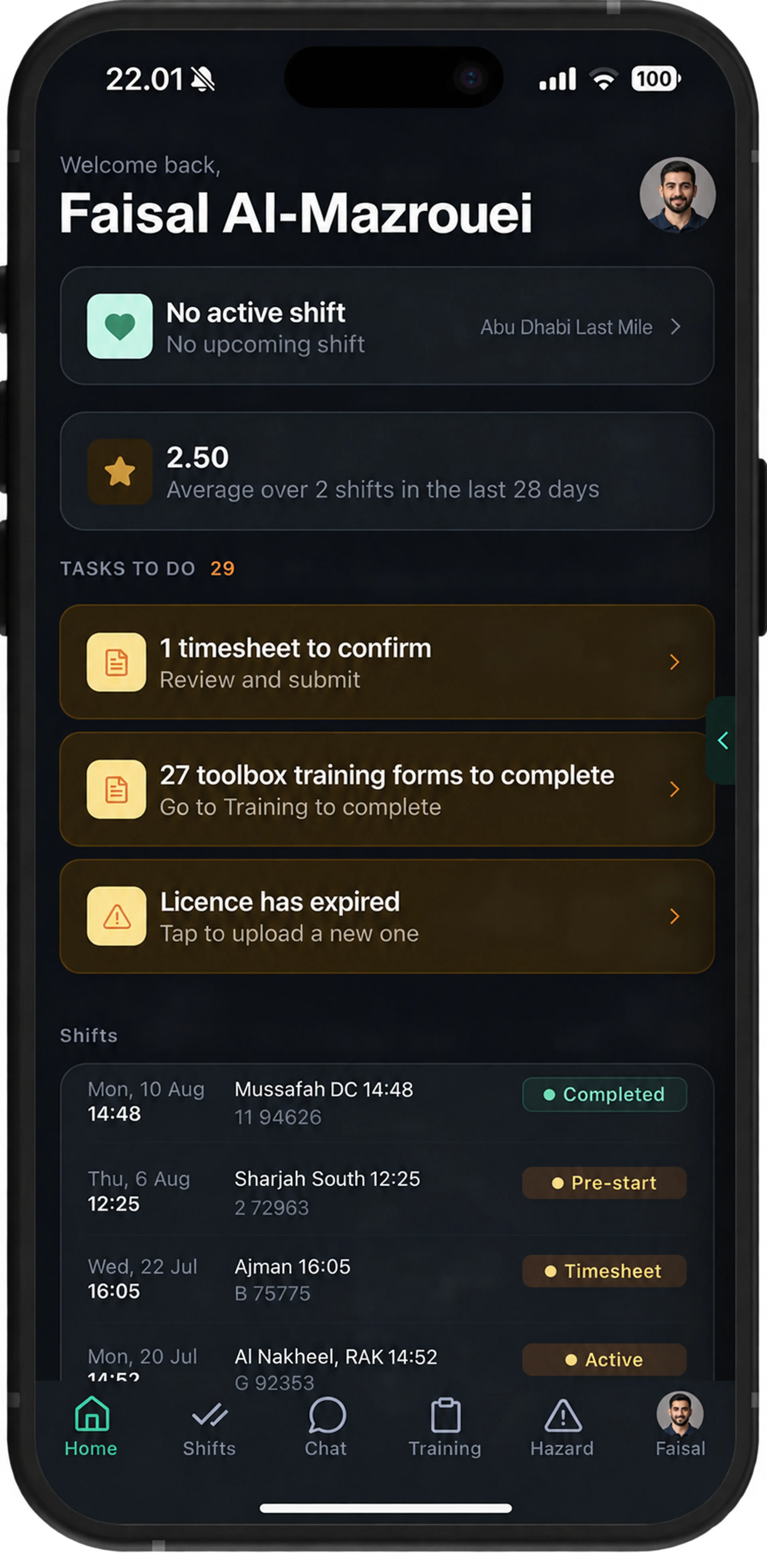 Drive360 driver app home screen: shift status, average score, outstanding tasks including a timesheet, training forms and a licence renewal, and recent shift history