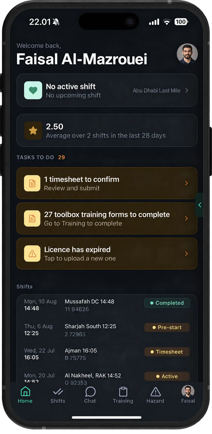 Drive360 driver app home screen: shift status, average score, outstanding tasks including a timesheet, training forms and a licence renewal, and recent shift history