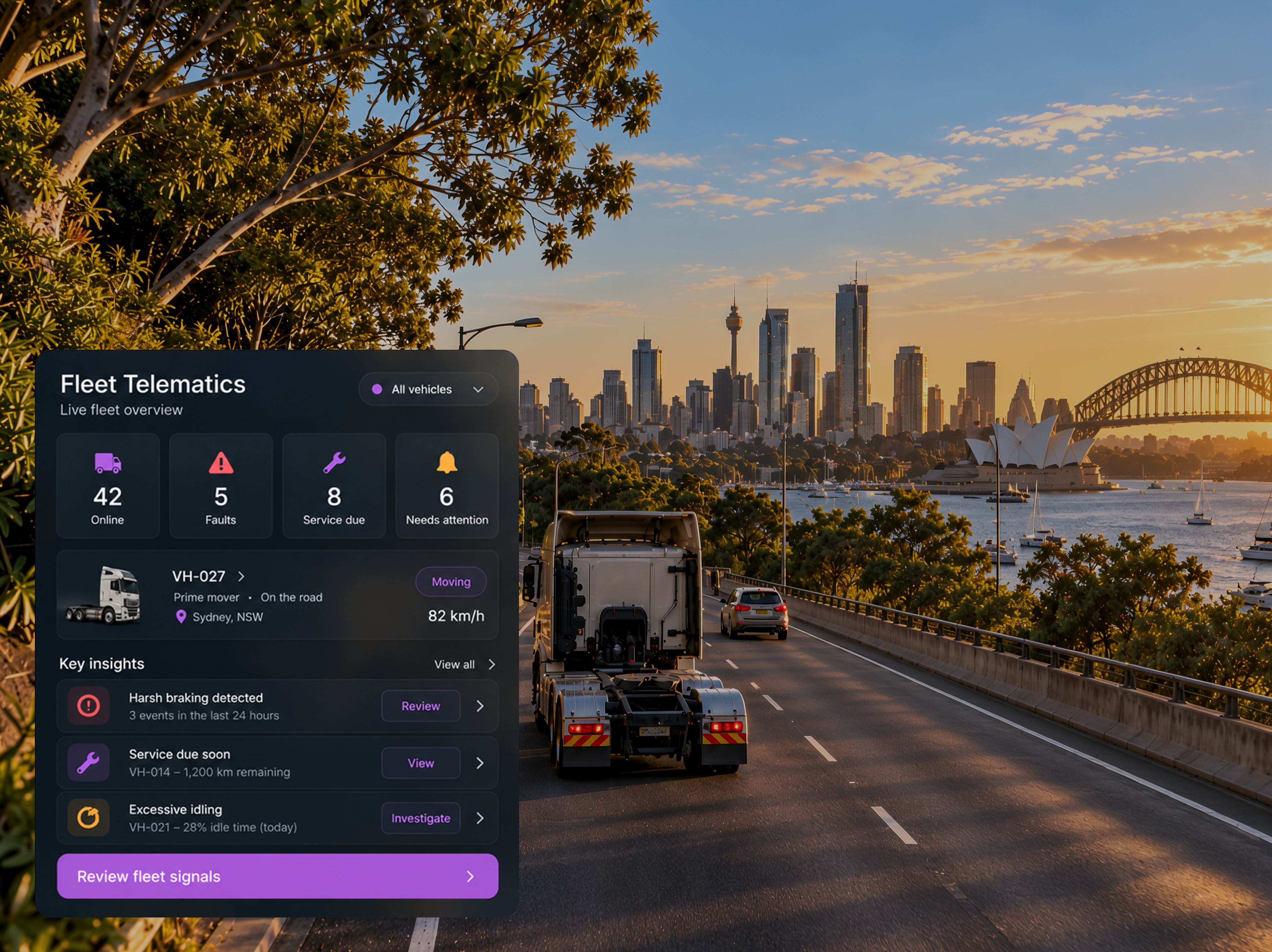 Vision360 fleet telematics console: the counters for vehicles online, active faults, maintenance due, high fuel usage and vehicles needing attention, the live map with vehicle pins, the live vehicles list, and the mobile vehicle card showing health, active alerts, next service and fuel level. 4:3, dark UI, 2000x1500.