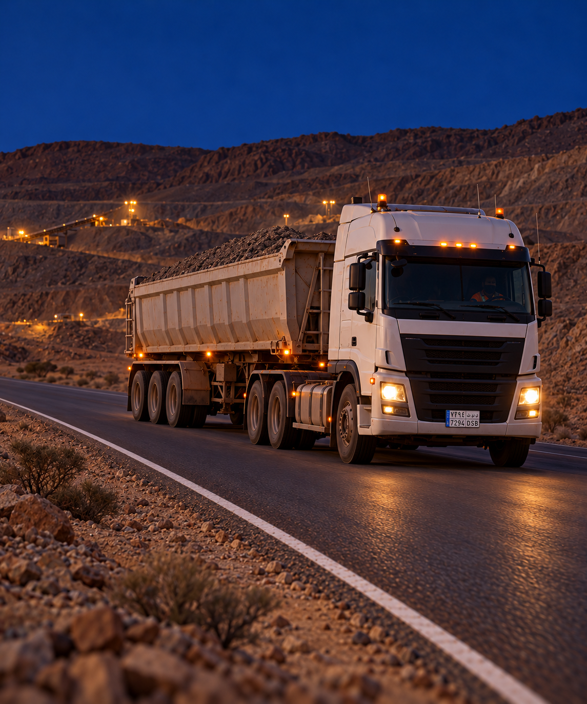 Photograph: a road train on a remote highway at dusk. Dark and cool, room at the top, no text in the artwork.