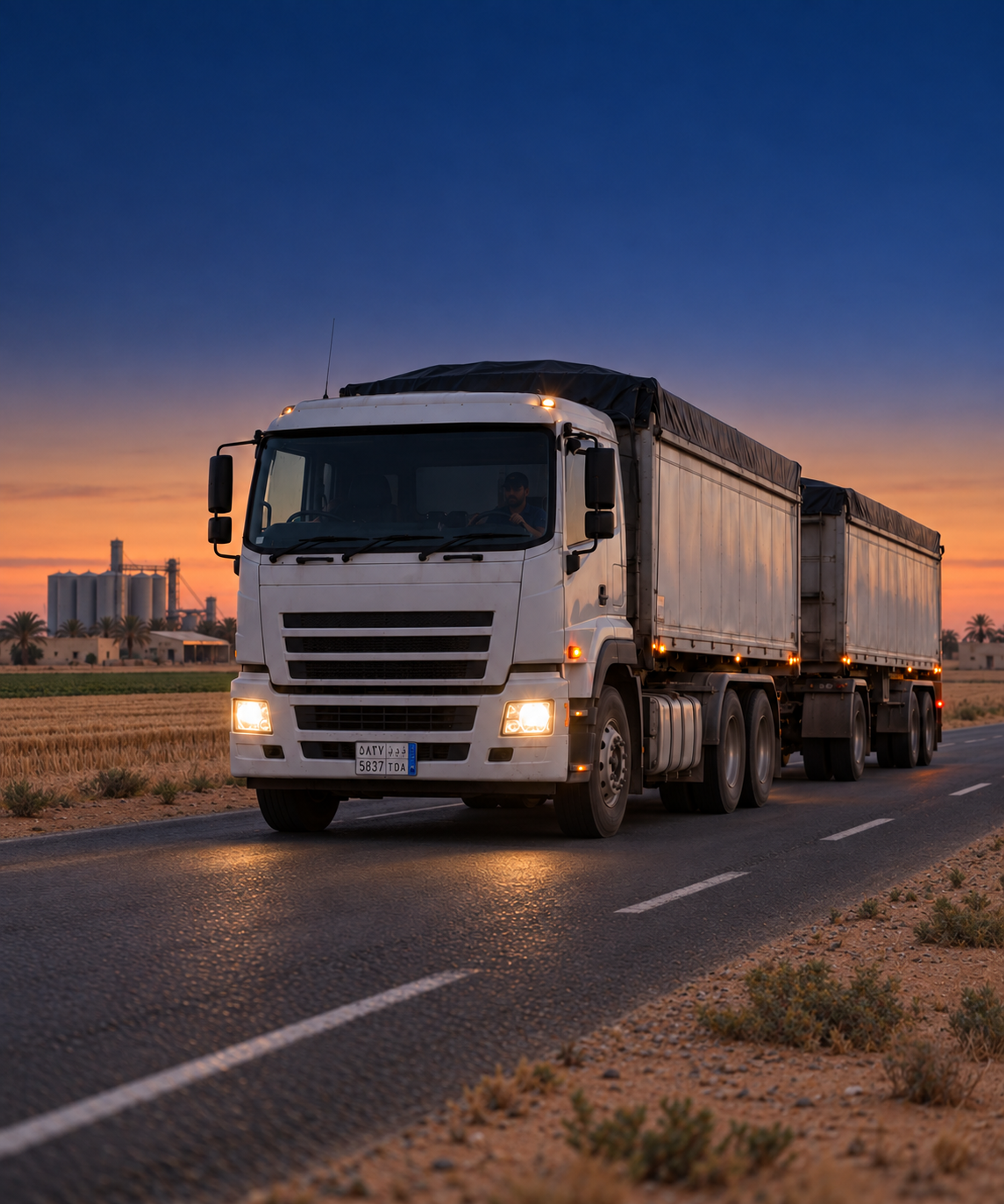 Photograph: a truck and trailer on a rural road at dusk carrying farm produce. Warm low light, room at the top, no text in the artwork.