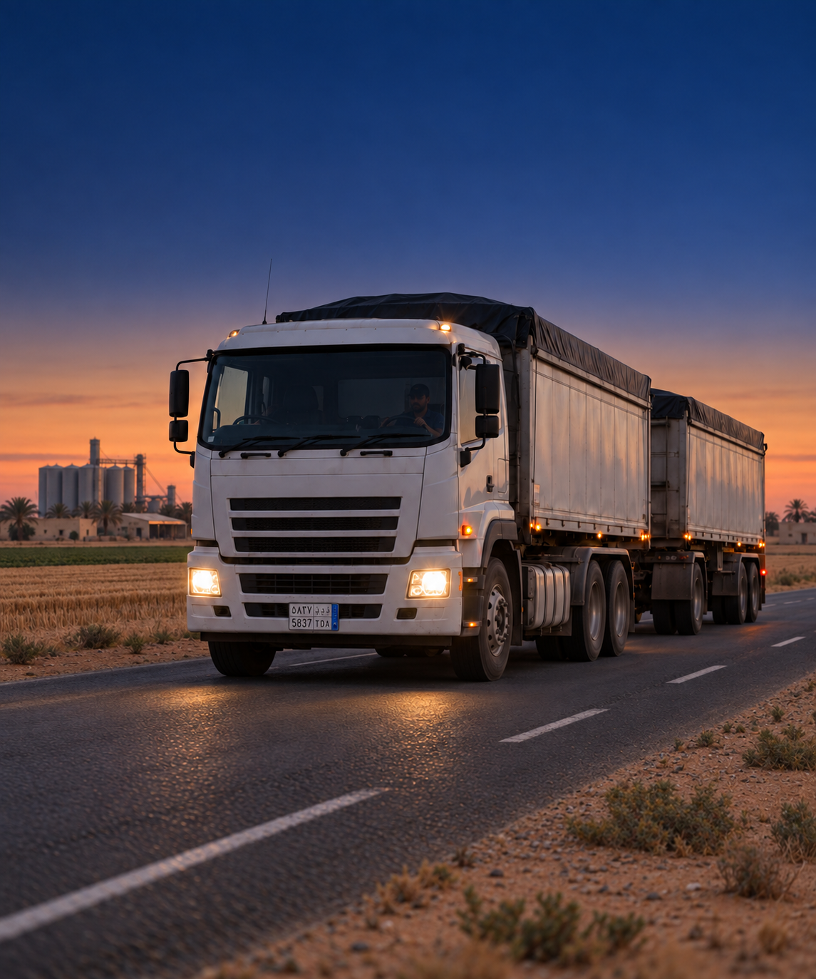 Photograph: a truck and trailer on a rural road at dusk carrying farm produce. Warm low light, room at the top, no text in the artwork.