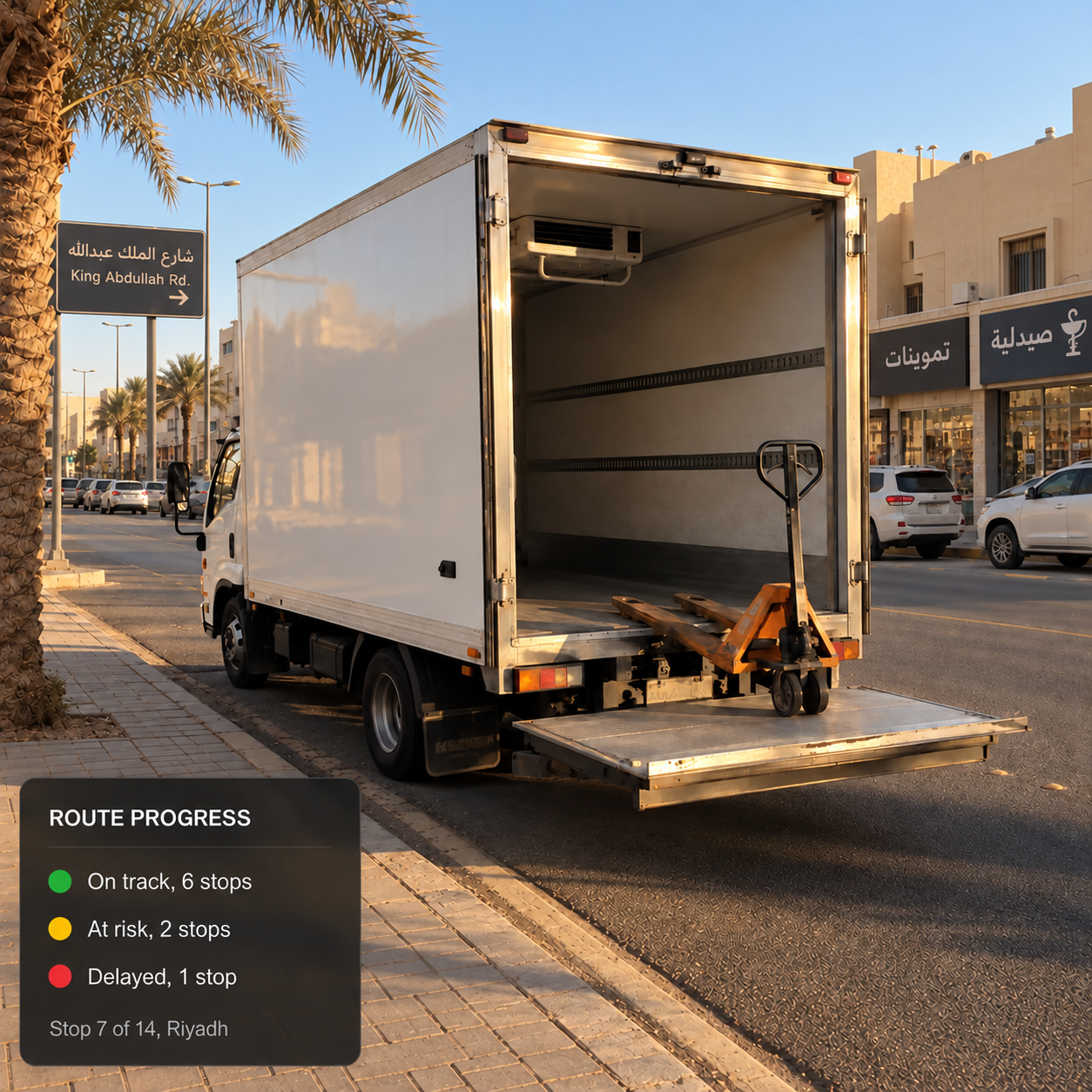 Live execution view: route progress with on-track, at-risk and delayed stops.