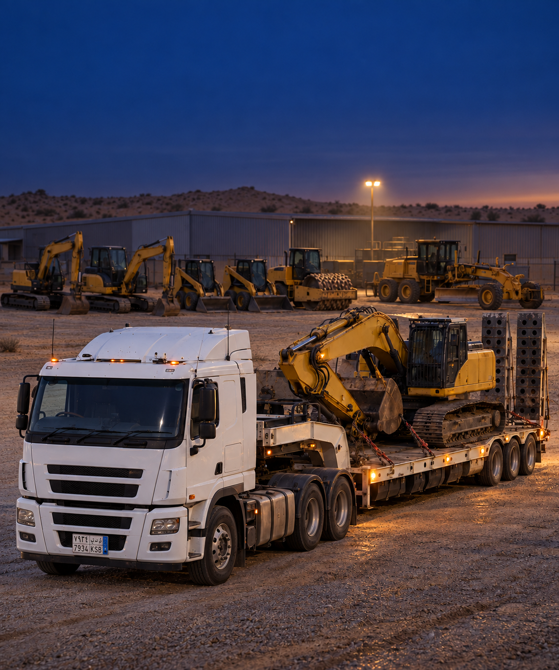 Photograph: a plant yard at first light, machines lined up. Dark and cool, room at the top, no text in the artwork.