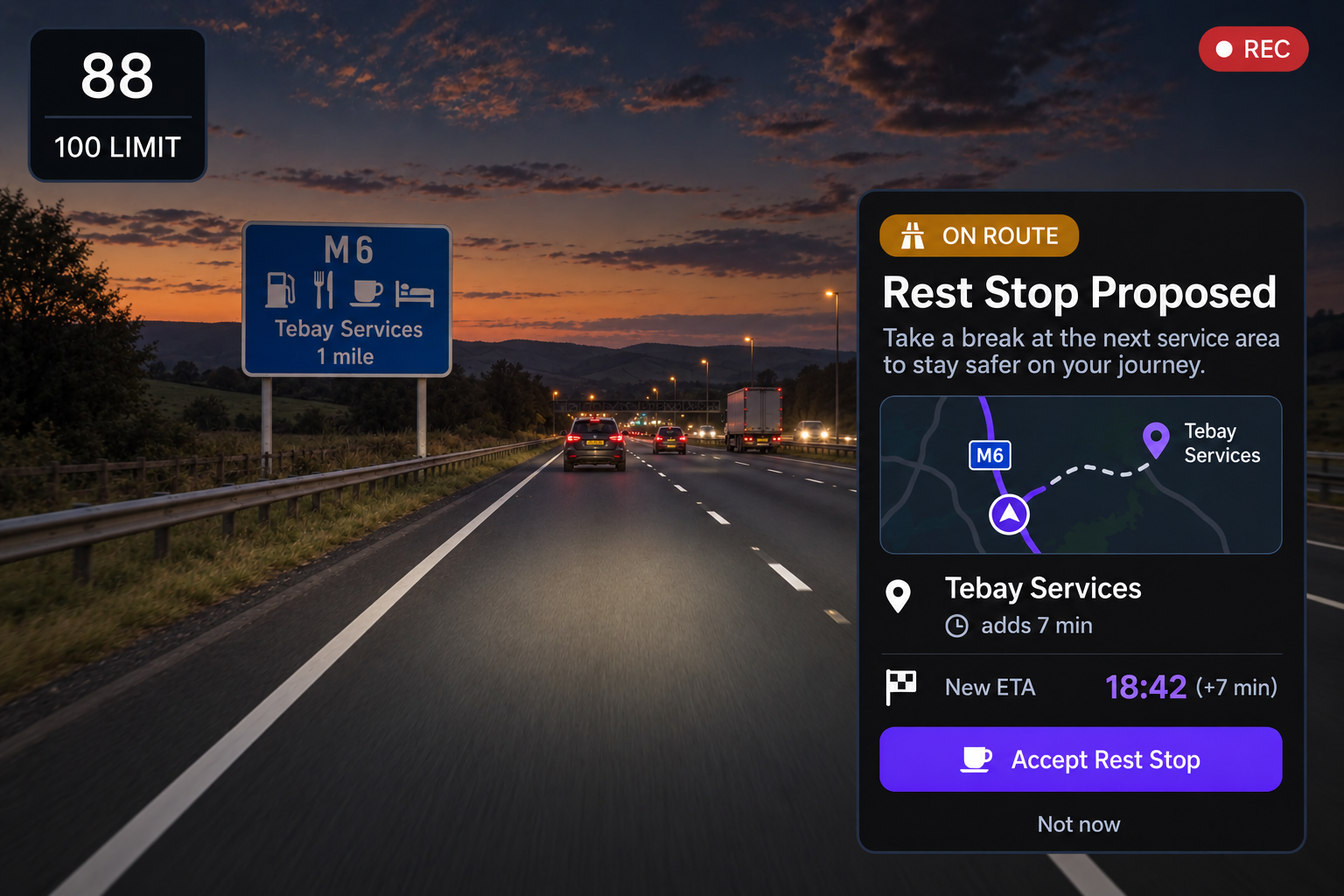 Safe rest stop example: the five-step checklist beside a map showing the diversion to a rest location and the estimated additional time. 4:3, dark UI.