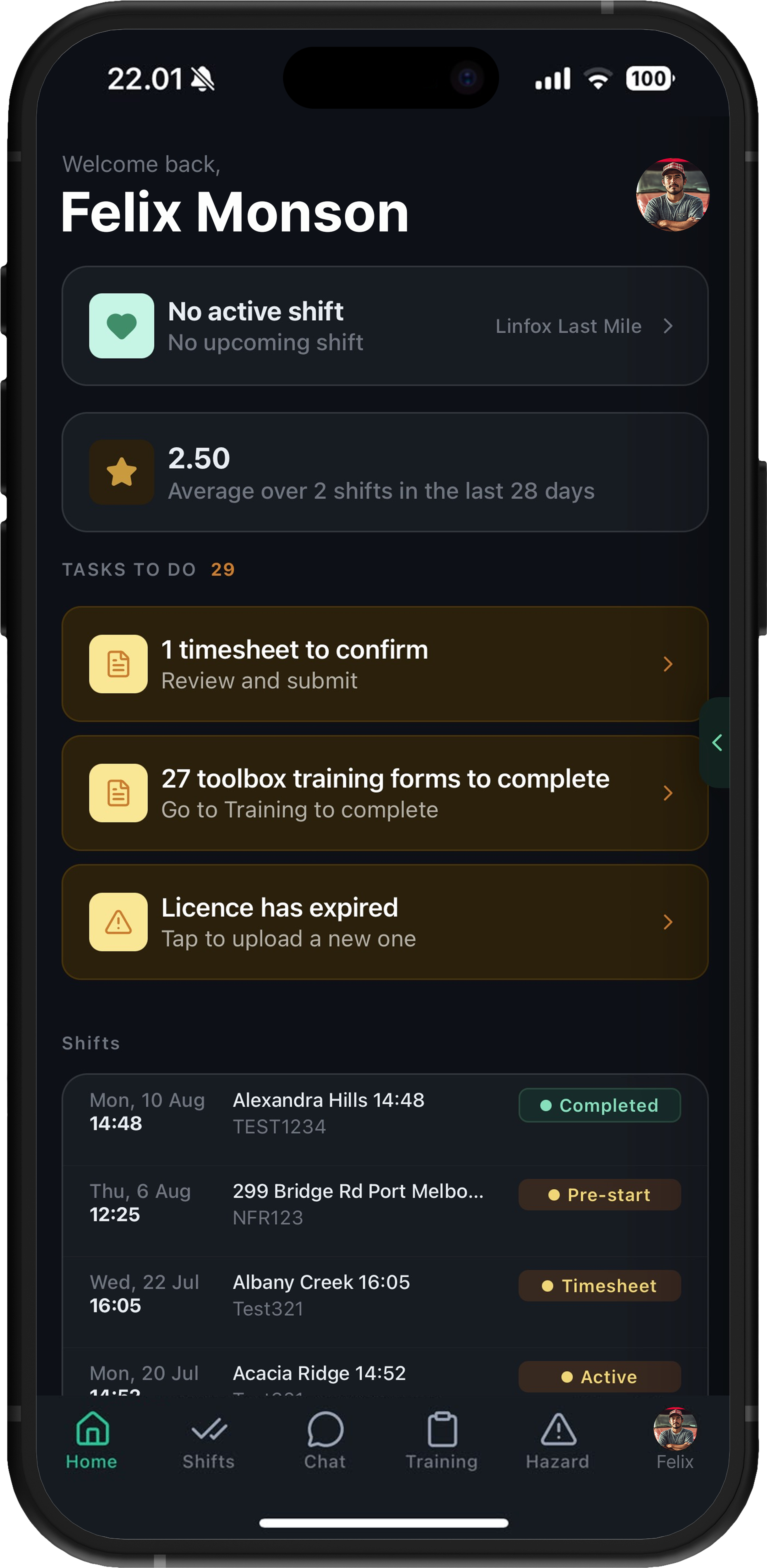 Drive360 driver app home screen: shift status, average score, outstanding tasks including a timesheet, training forms and a licence renewal, and recent shift history