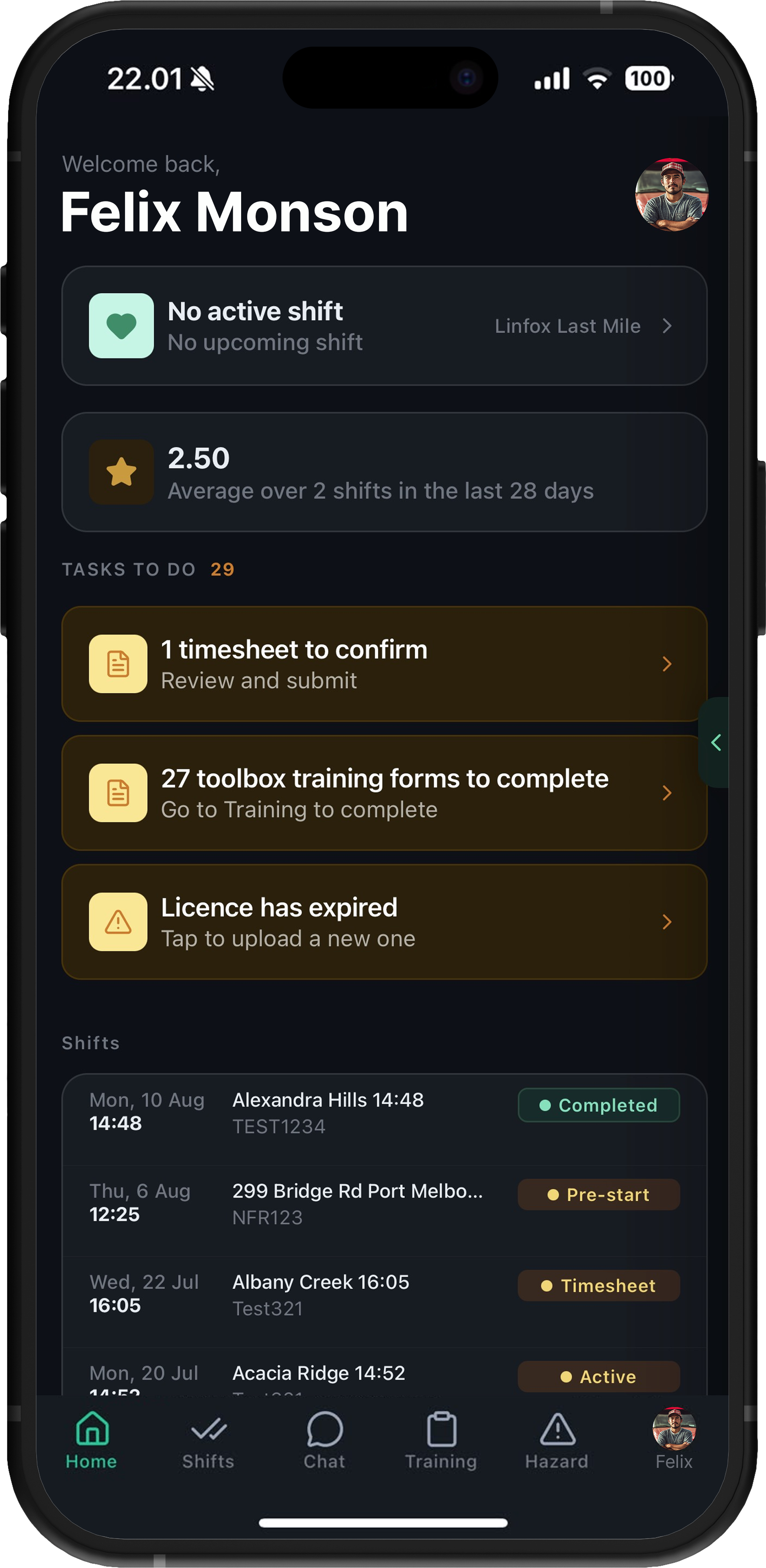 Drive360 driver app home screen: shift status, average score, outstanding tasks including a timesheet, training forms and a licence renewal, and recent shift history