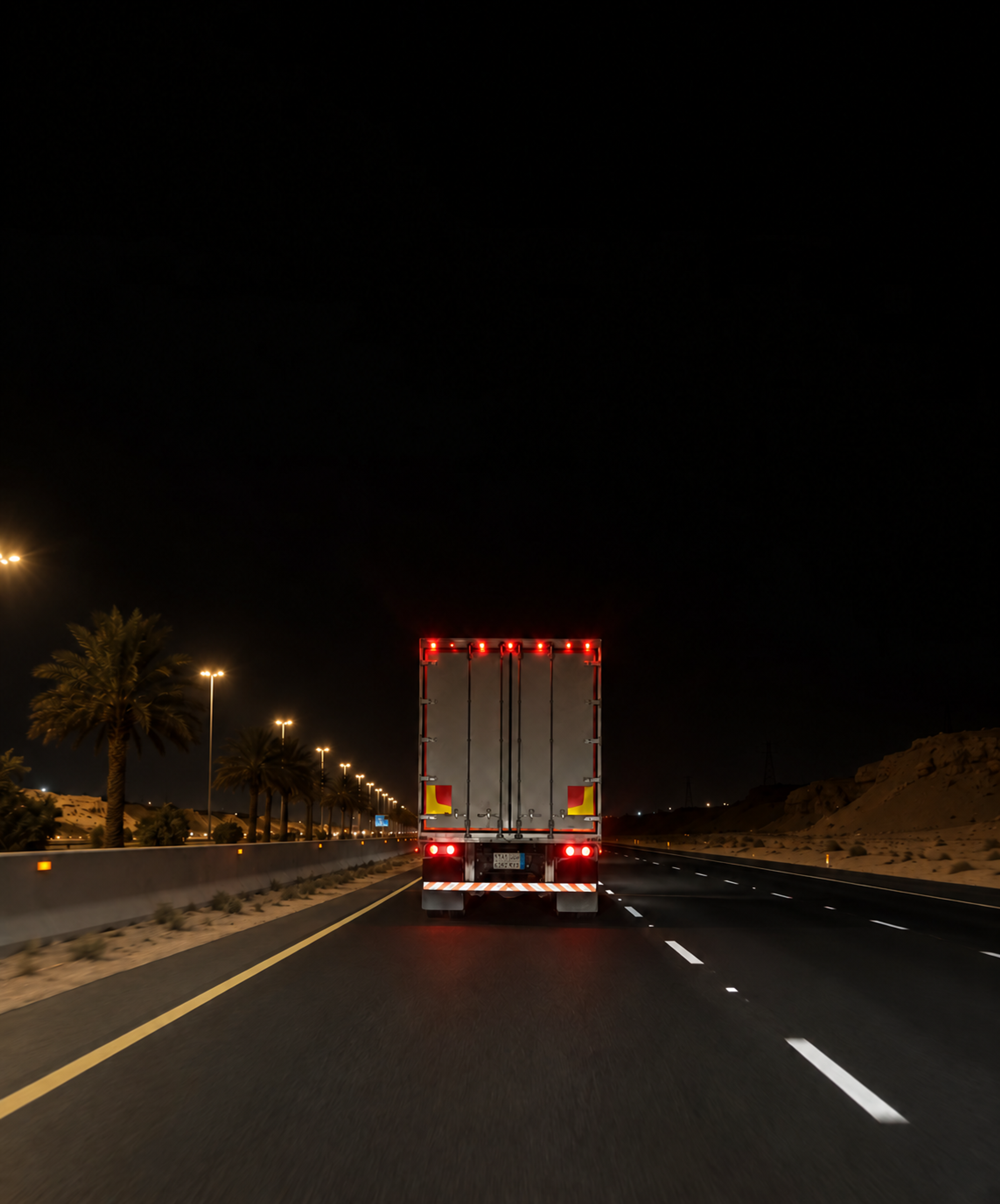 Photograph: a night highway shot from a following vehicle. Dark and cool, room at the top, no text in the artwork.