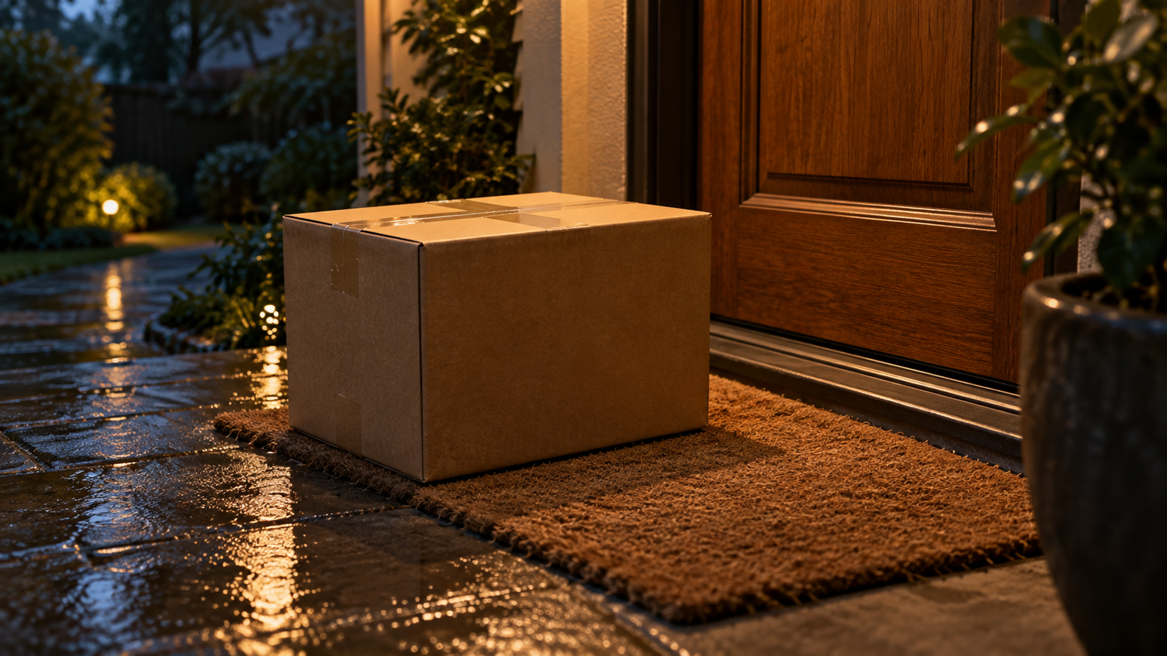 Editorial image: a parcel on a doorstep at dusk. No text in the artwork.
