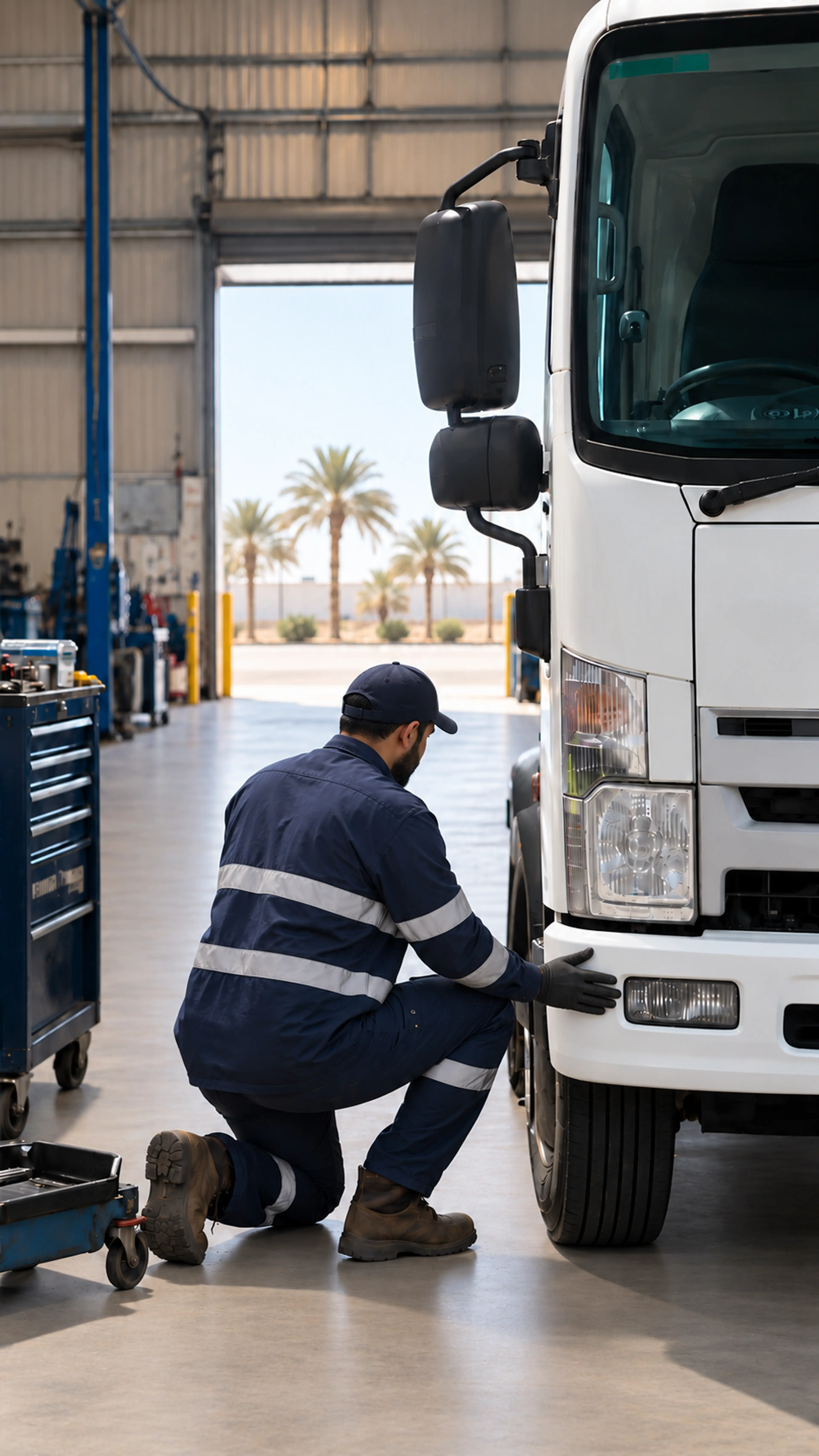Technician checking the repaired front bumper of a truck in the workshop